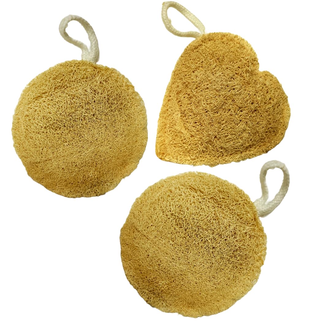DILSAY HERBZ Organic Loofah Sponge for Exfoliating - Natural Bath & Body Scrubber for Face, Back & Shower - Eco-Friendly Spa Scrub (Heart & Round Shapes, Pack of 3) - Perfect for Daily Skincare & Relaxing Bath Time