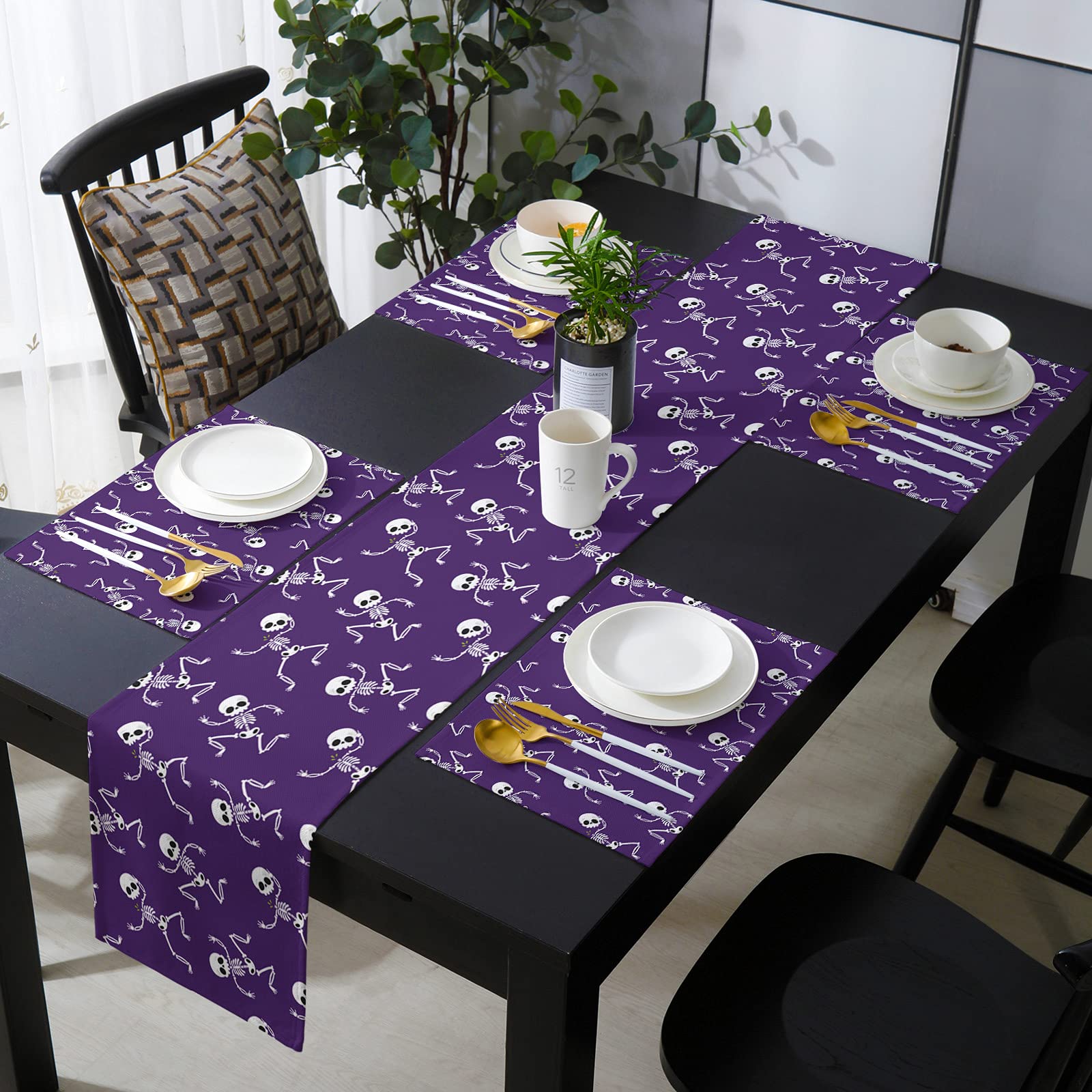 BEKYONEE Halloween Skull Table Runner and Placemats Set of 2 - Washable Purple Dining Table Decor for Farmhouse, Wedding & Holiday Parties - Funny Skeleton Design for Spooky Dinner Settings