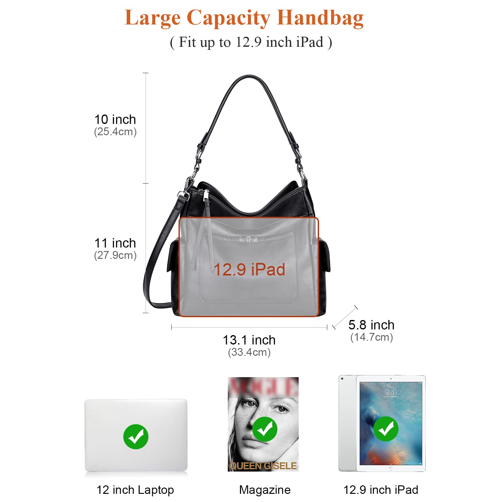 Premium Genuine Leather Hobo Handbags for Women - Stylish Shoulder & Crossbody Purse (O116E-2G Black) | Perfect for Work, Travel & Everyday Use