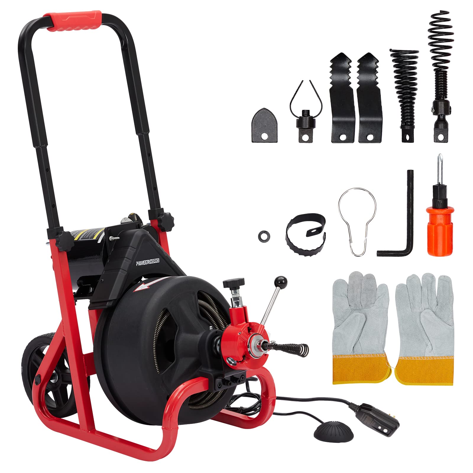 PioneerWorks 75Ft x 1/2 Inch Professional Electric Drain Auger Cleaner Machine - Auto-Feed Sewer Snake for 2 to 4 Inch Pipes with 6 Cutters & Gloves - Perfect for Clogged Sinks, Showers, Bathtubs, and Toilet Drain Cleaning