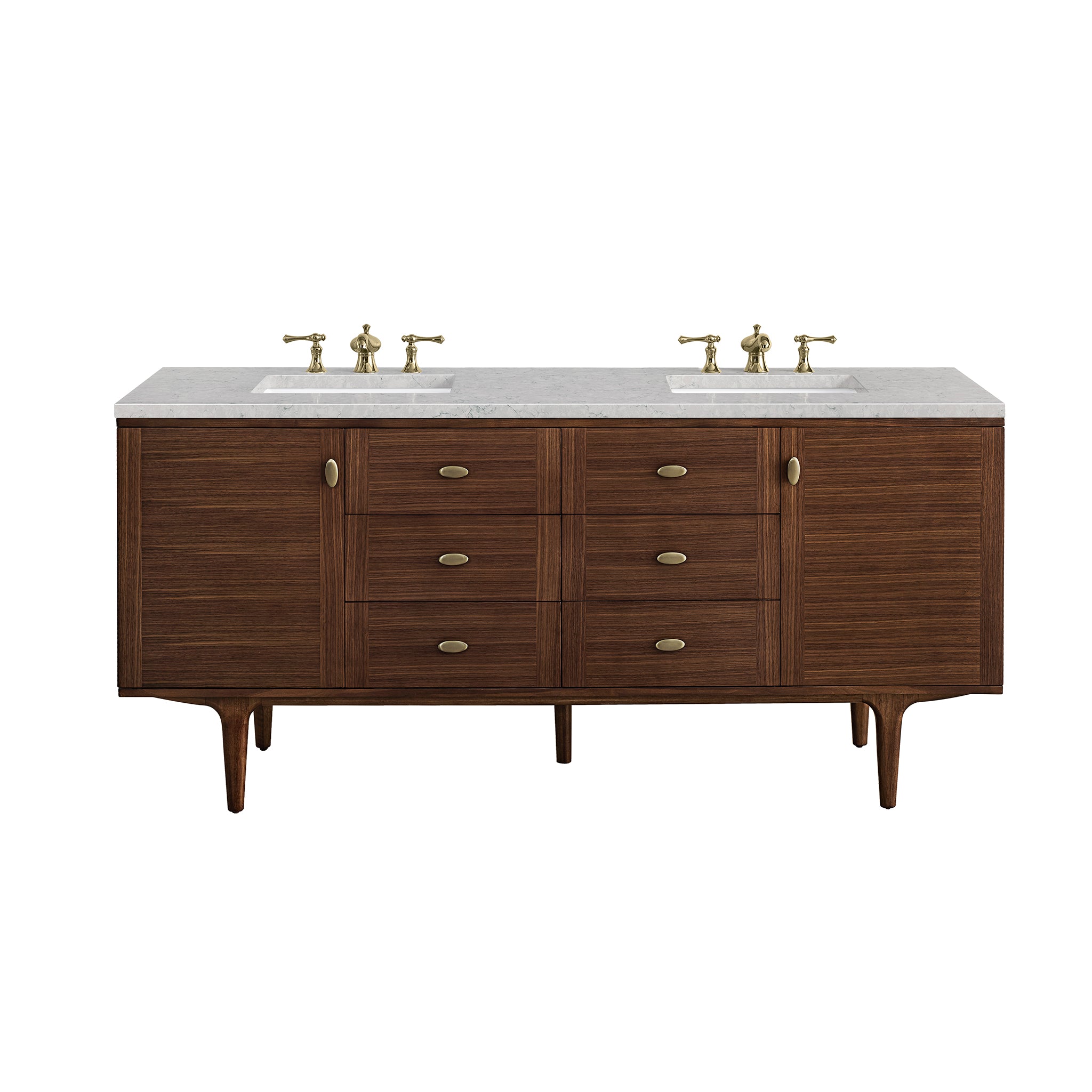 Amberly 72 Inch Double Vanity with 3CM Eternal Jasmine Pearl Top - Mid Century Modern Walnut Bathroom Vanity for Master Bath & Guest Bathroom
