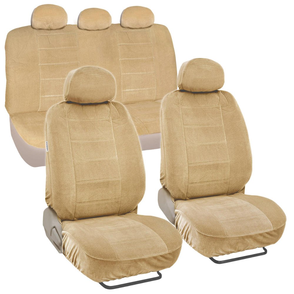 BDK CozySeats Premium Encore Fabric Car Seat Covers Full Set (Front & Rear) - Tan Beige Color - Universal Fit for Most Vehicles - Protect & Upgrade Your Car Interior - Perfect for Daily Commute, Road Trips & Family Travel