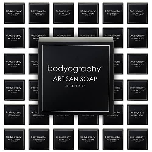 Bodyography Travel Soap - Bulk Artisan Hand Soap 1oz/30g | Lavender Peppermint Scent | Travel Size Toiletries | Individually Boxed | 100% Recyclable Eco-Friendly Packaging | Perfect for Hotels, Camping & On-The-Go Hygiene