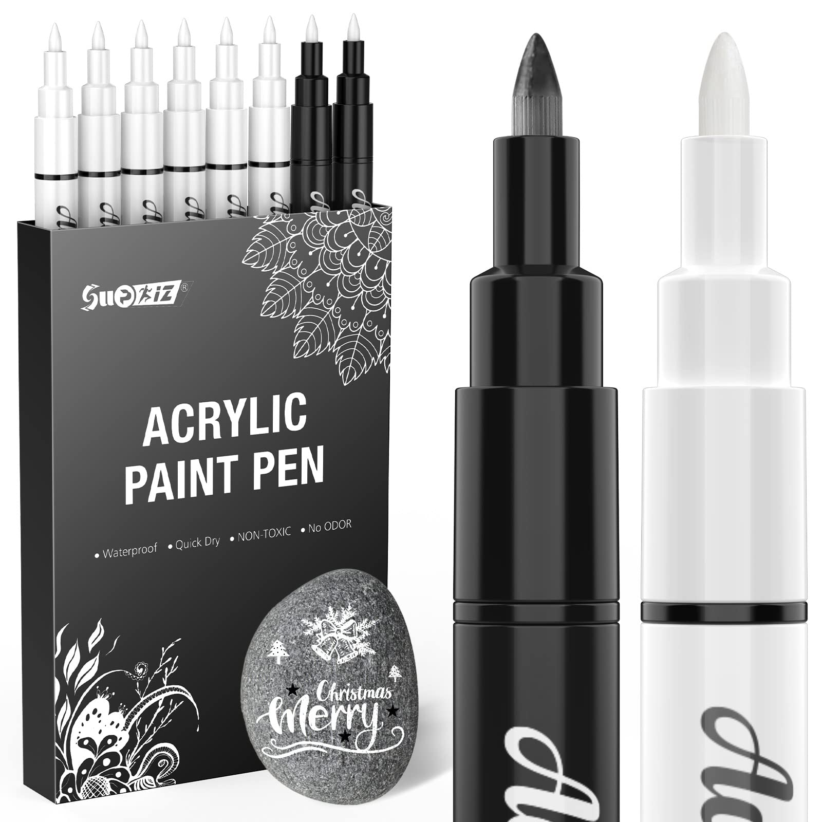8 Pack 0.7mm White Paint Pens - Acrylic Markers Set (6 White & 2 Black) for Rock Painting, Wood, Canvas, Glass, Ceramic & Paper Art - Extra Fine Tip with Opaque Ink - Perfect for DIY Crafts, Home Decor & Graffiti Projects