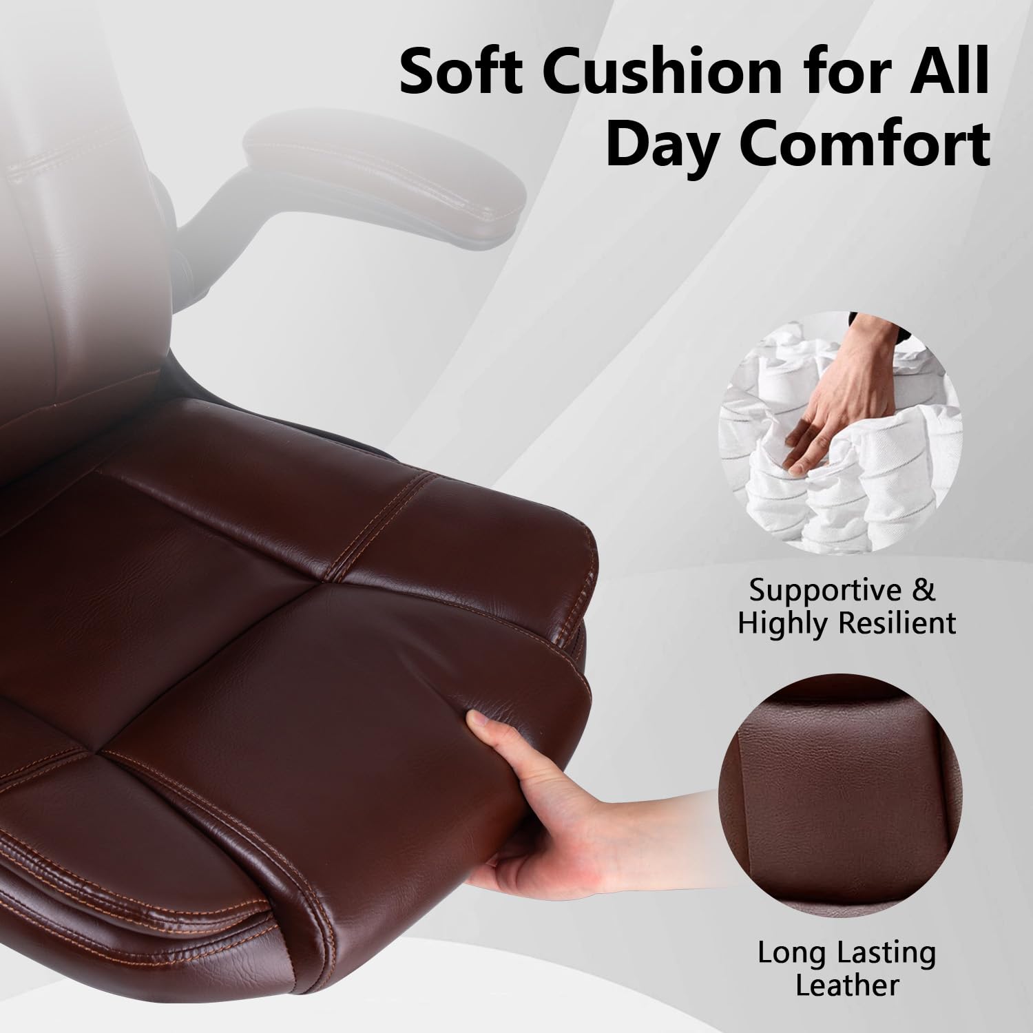 Premium Brown Leather Office Chair - Adjustable Ergonomic High Back Desk Chair with Flip-Up Armrests & Lumbar Support for Home Office, Gaming & Executive Workspaces