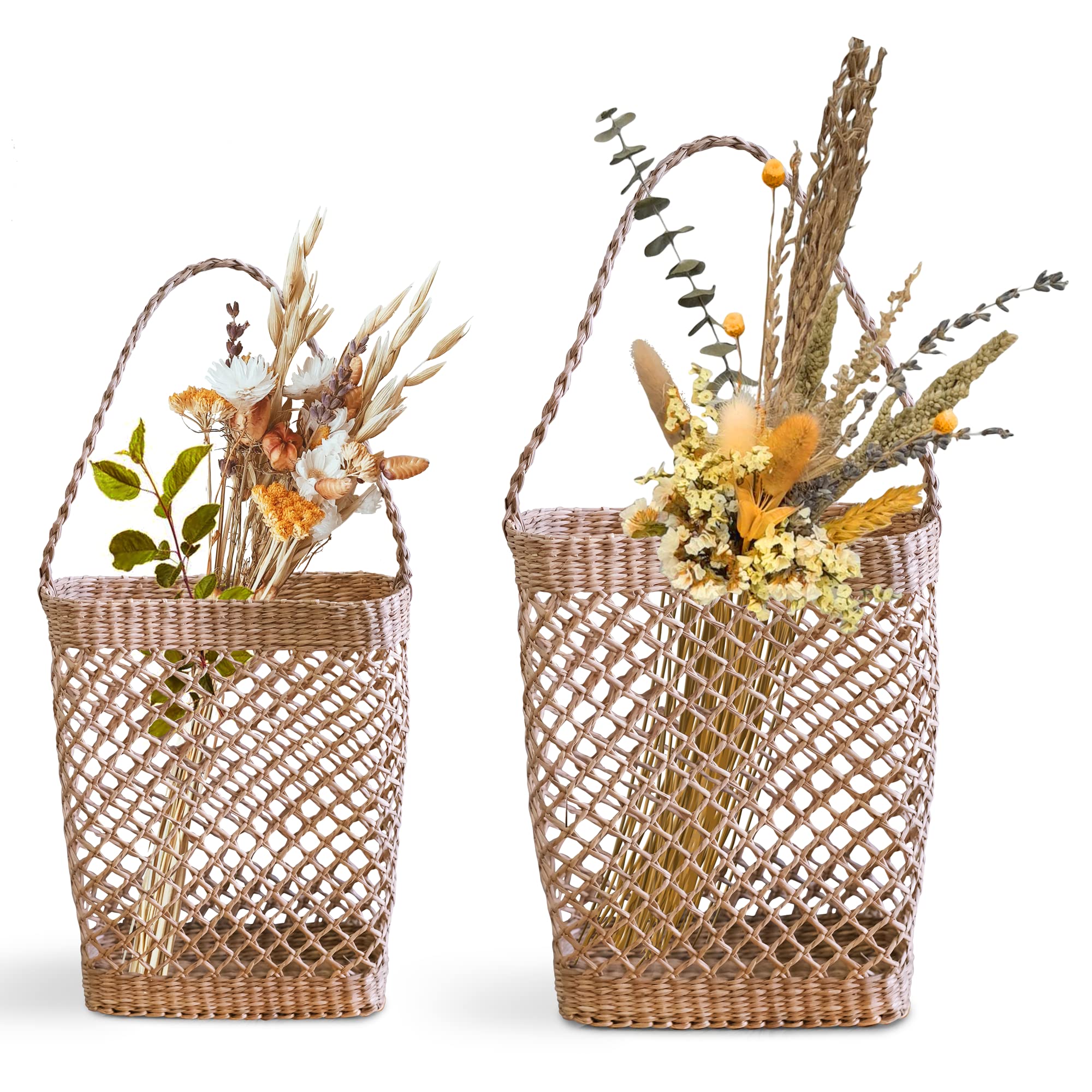 Handmade Seagrass Wall Hanging Baskets Set of 2 - Boho Farmhouse Wicker Decor for Front Door, Flowers, Wreaths & Pampas Grass | Perfect for Spring Decor, Wedding Centerpieces & Cozy Home Styling