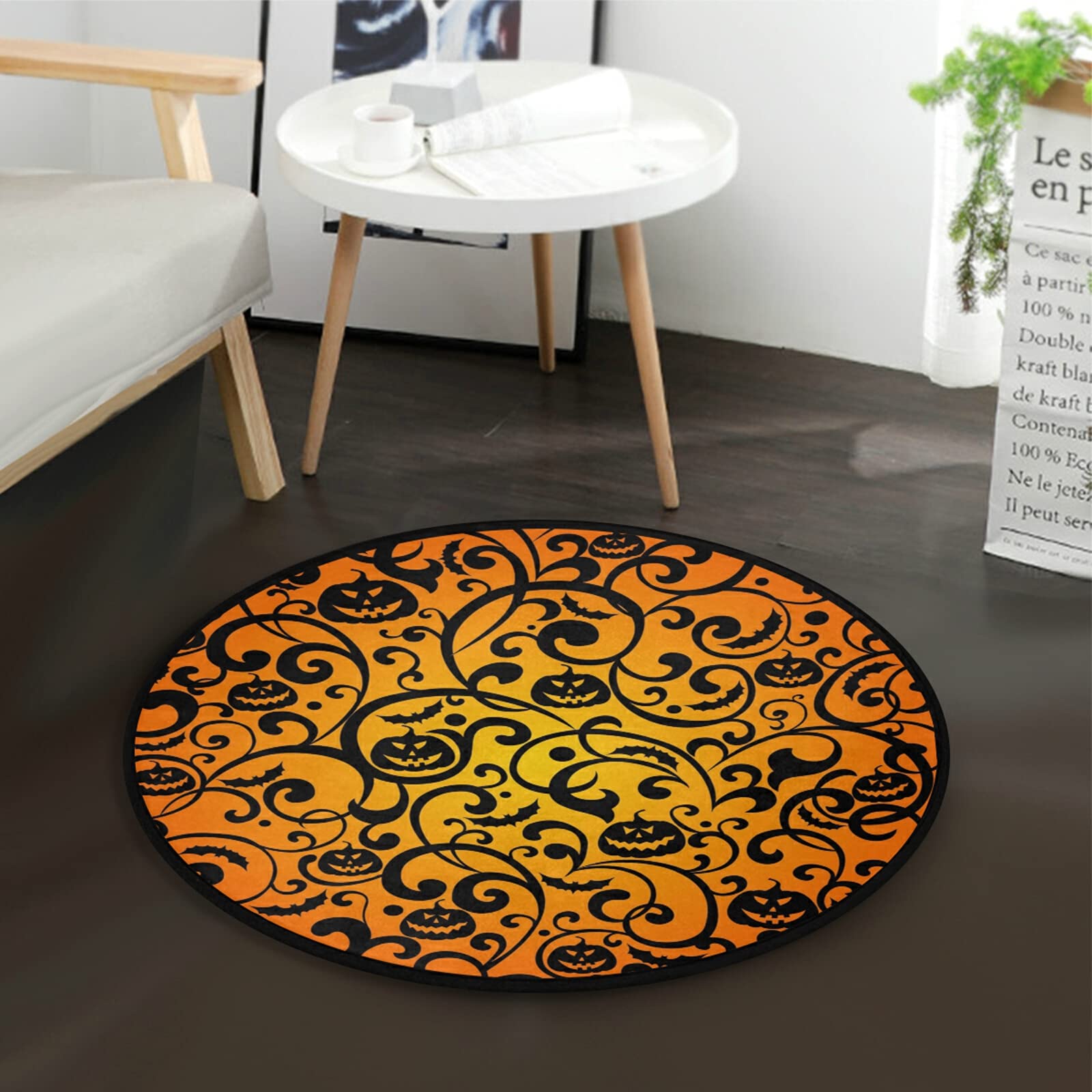 ALAZA Halloween Bat Pumpkin Round Area Rug - 3' Diameter (92 cm) Non-Slip Living Room & Bedroom Rug - Perfect for Fall Decor, Spooky Home Decor, and Seasonal Party Themes