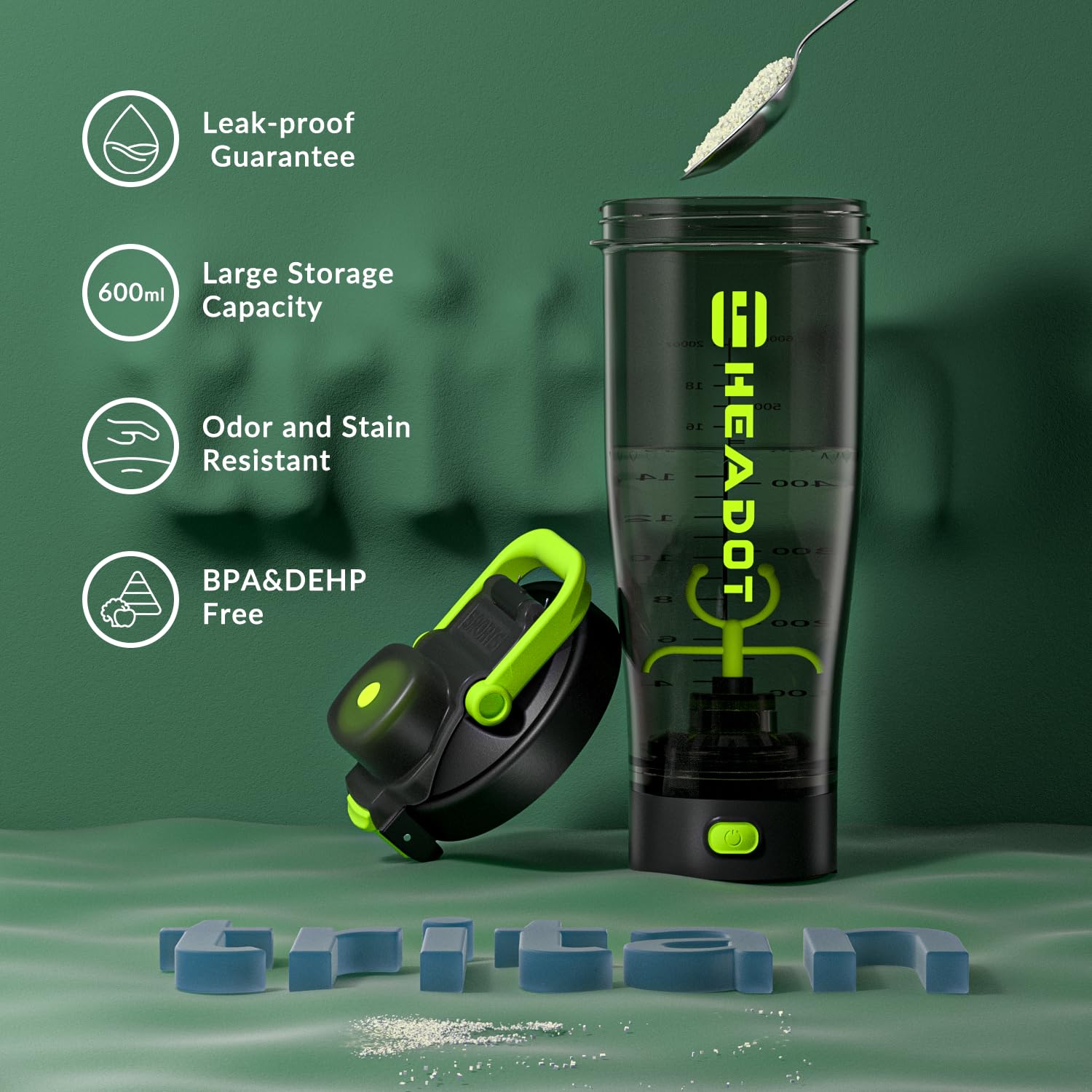 HeaDot Electric Protein Shaker Bottle 24oz - Rechargeable USB-C Blender Cup for Protein Powder & Supplements - BPA-Free Tritan Material - Perfect for Gym, Workout & Post-Training Recovery (Green)