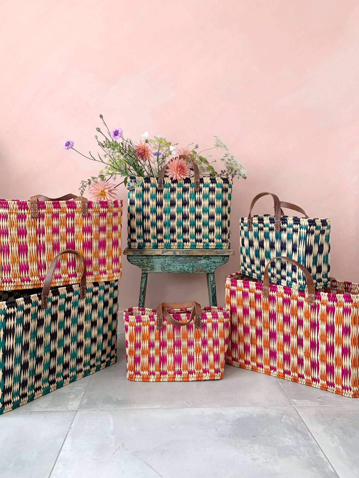 Stylish Pink and Orange Chequered Reed Basket - Perfect for Home Decor, Picnics, and Storage | Handwoven Natural Fiber Organizer for Living Room, Bedroom, or Outdoor Use