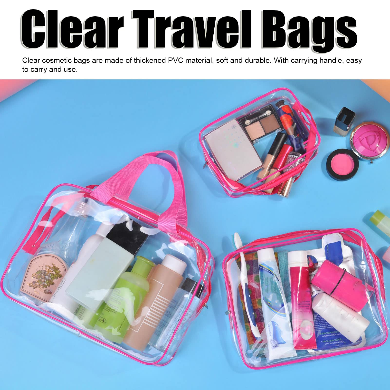 3-Piece Large Capacity Clear Travel Cosmetic Bags - Waterproof PVC, Easy to Clean with Carrying Handle - Perfect for Gym, Fitness, Travel & Toiletries Organization (Rose Red)