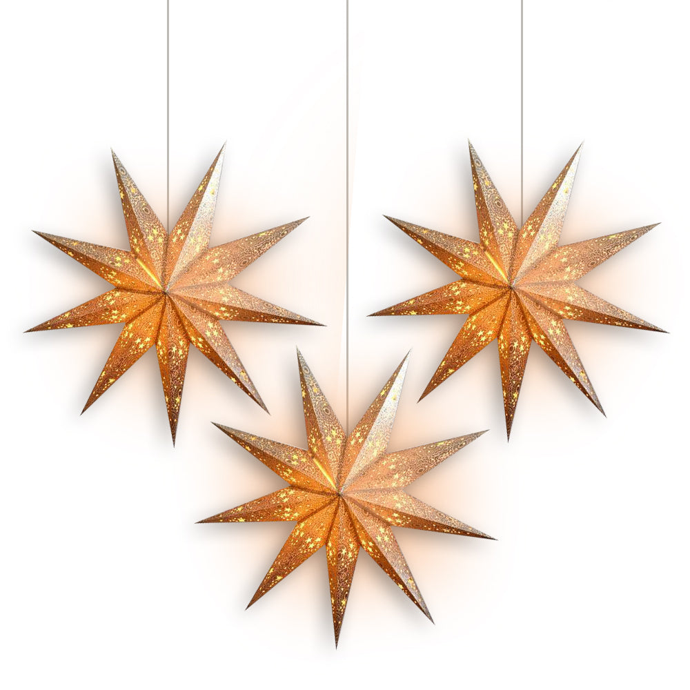 3 Pack 24-Point Silver Diamond Glitter LED Star Lanterns with Light Cord - Hanging Party Decor for Christmas, Weddings & Home Decoration