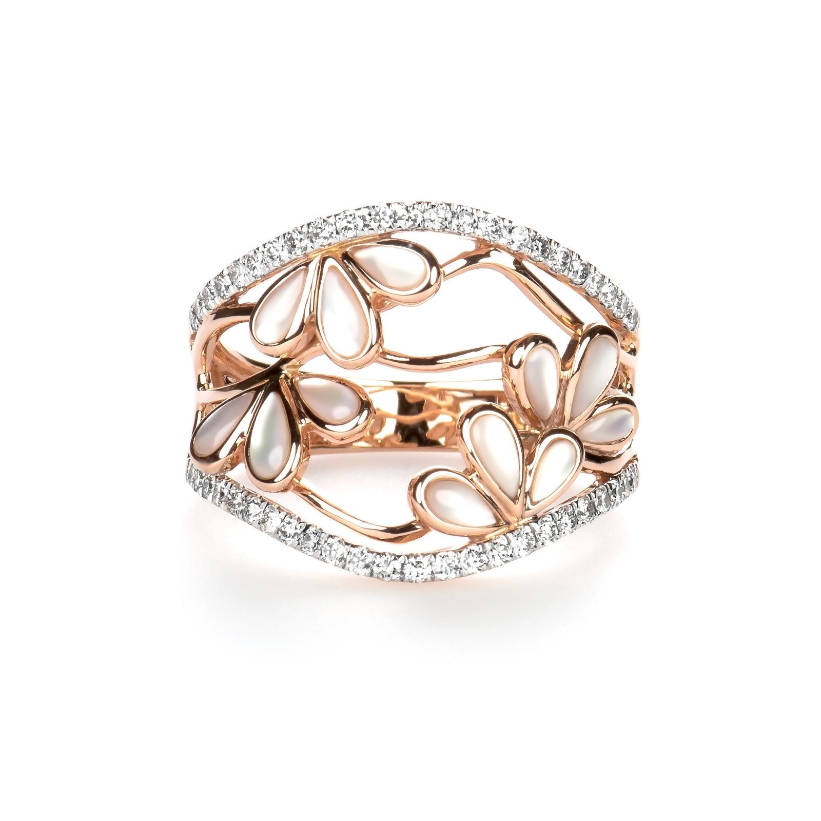 14k Rose Gold Floral Mother of Pearl and Diamond Cocktail Ring - Elegant Jewelry for Parties, Weddings & Special Occasions