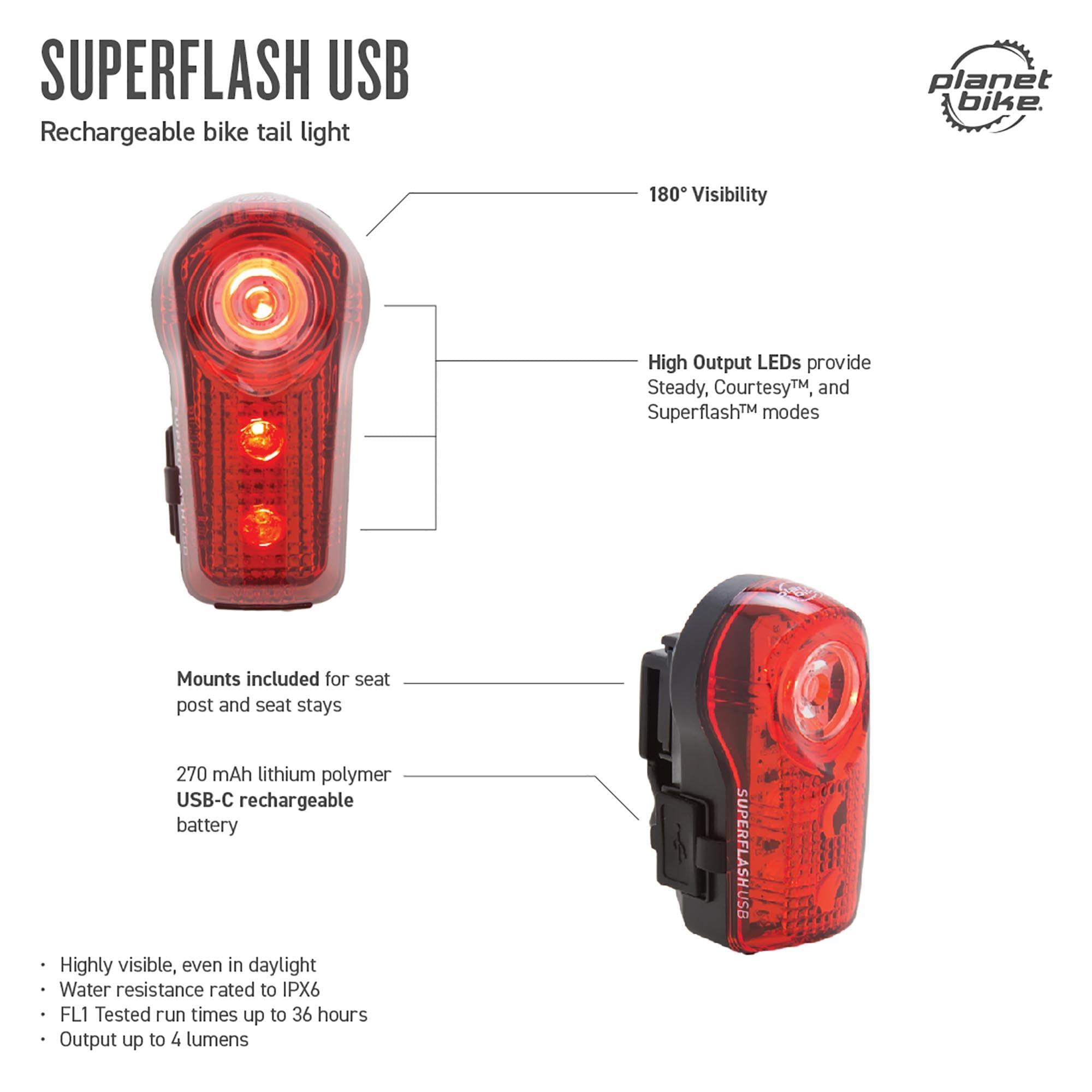 Planet Bike Superflash USB Rechargeable Bike Tail Light - High Visibility Rear Bicycle Safety Light for Night Riding, Commuting & Cycling