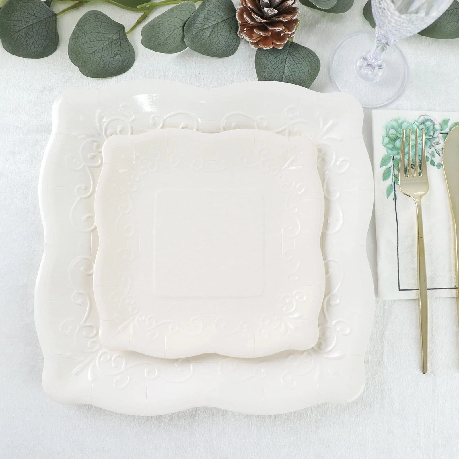 25 Pack Square Disposable Dessert Plates with Elegant Scroll Design - Perfect for Parties, Weddings, and Dinner Events