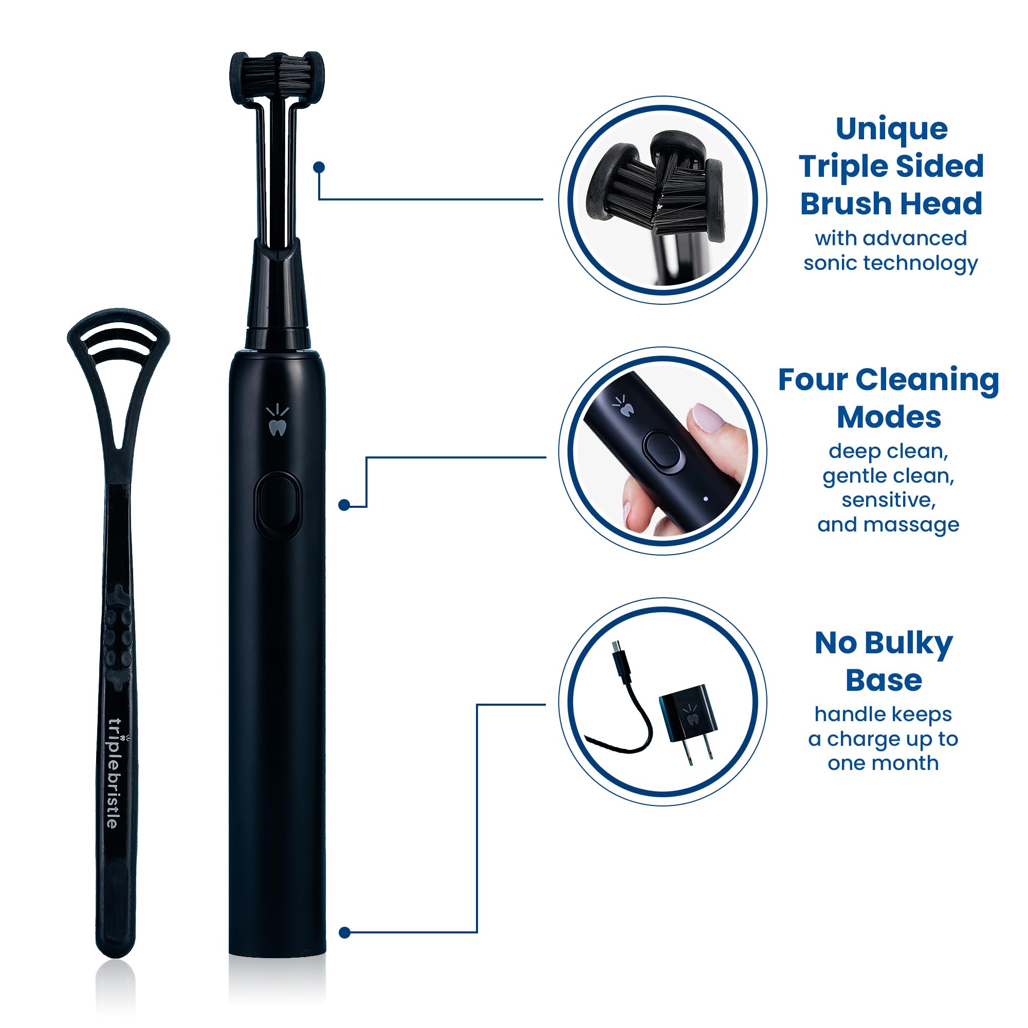 Triple Bristle Max Sonic Electric Toothbrush - 3 Sided Toothbrush with 4 Cleaning Modes | Dentist Recommended Triple Head Toothbrush with Soft Charcoal Bristles | Rechargeable & Waterproof for Travel | Perfect for Deep Cleaning, Whitening Teeth and Gum Care at Home or On-The-Go