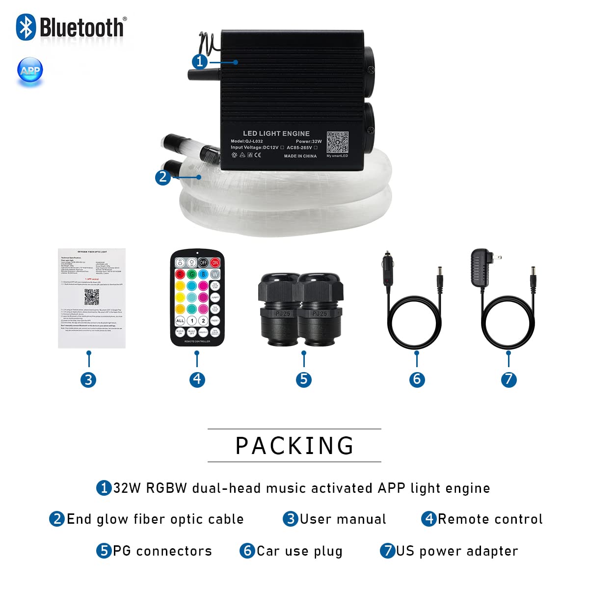 AKEPO 32W Dual-Head RGBW Smart Fiber Optic Light Kit with 750pcs Mixed Fibers (9.8ft) - Music Sync & APP Control for Star Ceiling, Truck Headliner & Home Decoration | Perfect for Bedrooms, Parties & Vehicle Customization