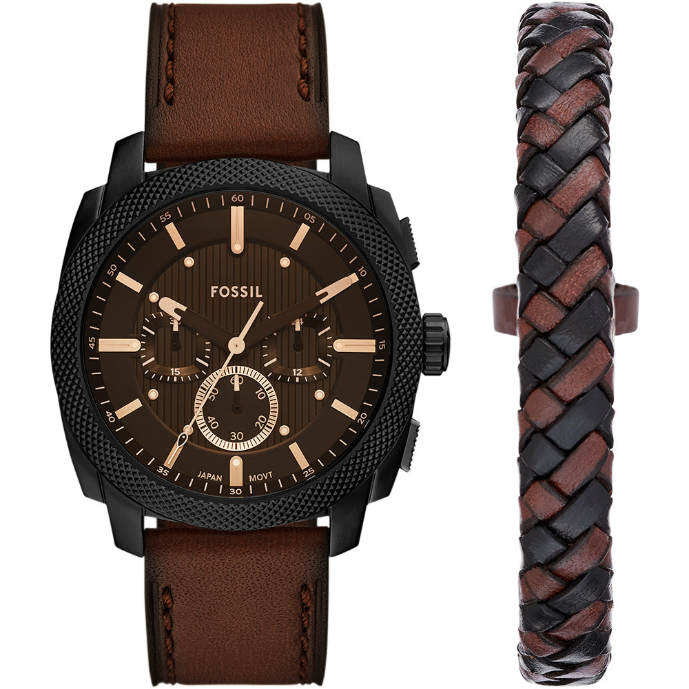 Fossil FS6102SET Men's Machine Chronograph Watch with Woven Leather Bracelet - Stylish Casual & Business Wear for Everyday Use