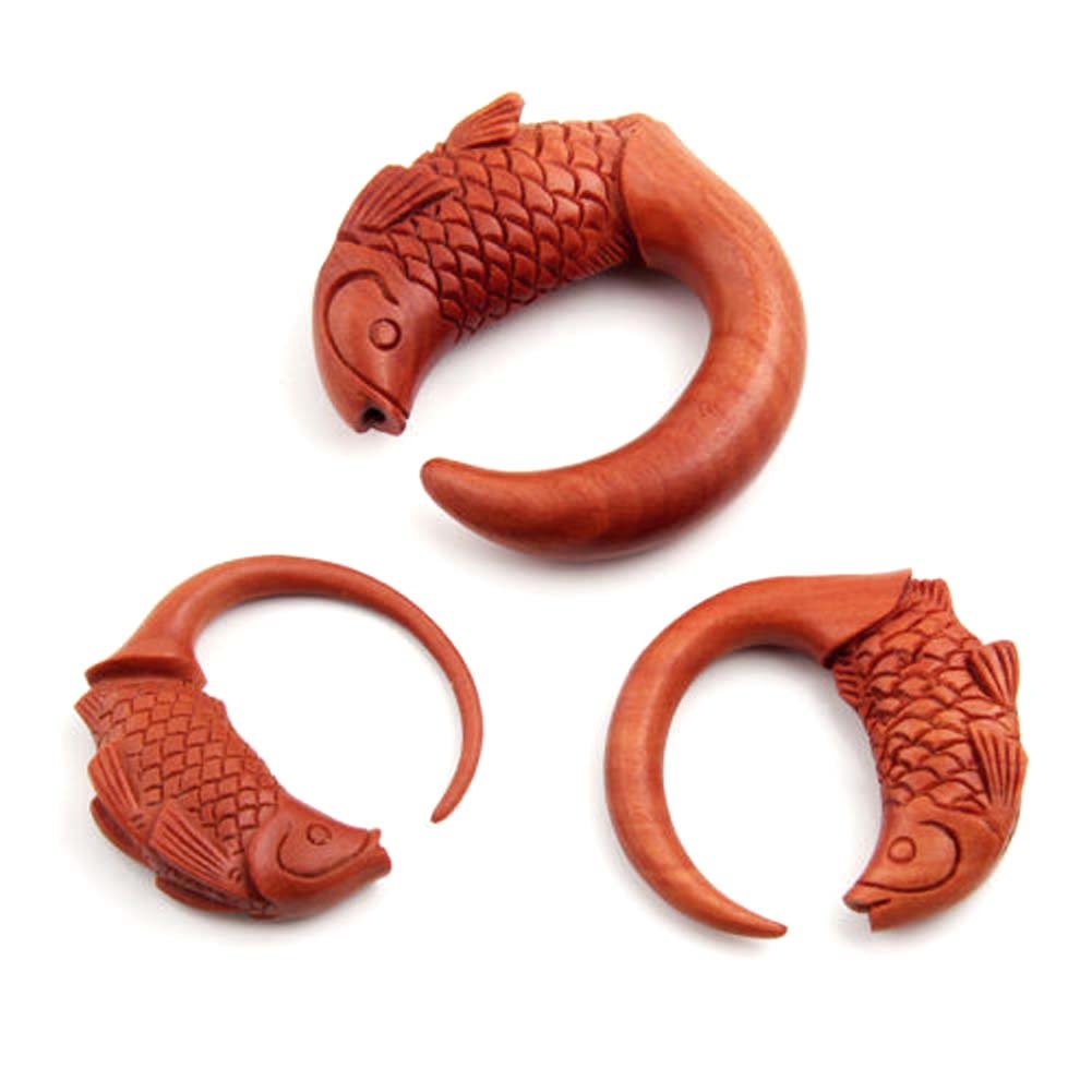 Handmade Spiral Koi Fish Carved Organic Sawo Wood Ear Plugs - Organic Wooden Taper Gauges & Hanging Ear Jewelry for Stretching - Perfect for Body Modification, Piercing Enthusiasts & Unique Fashion Statements