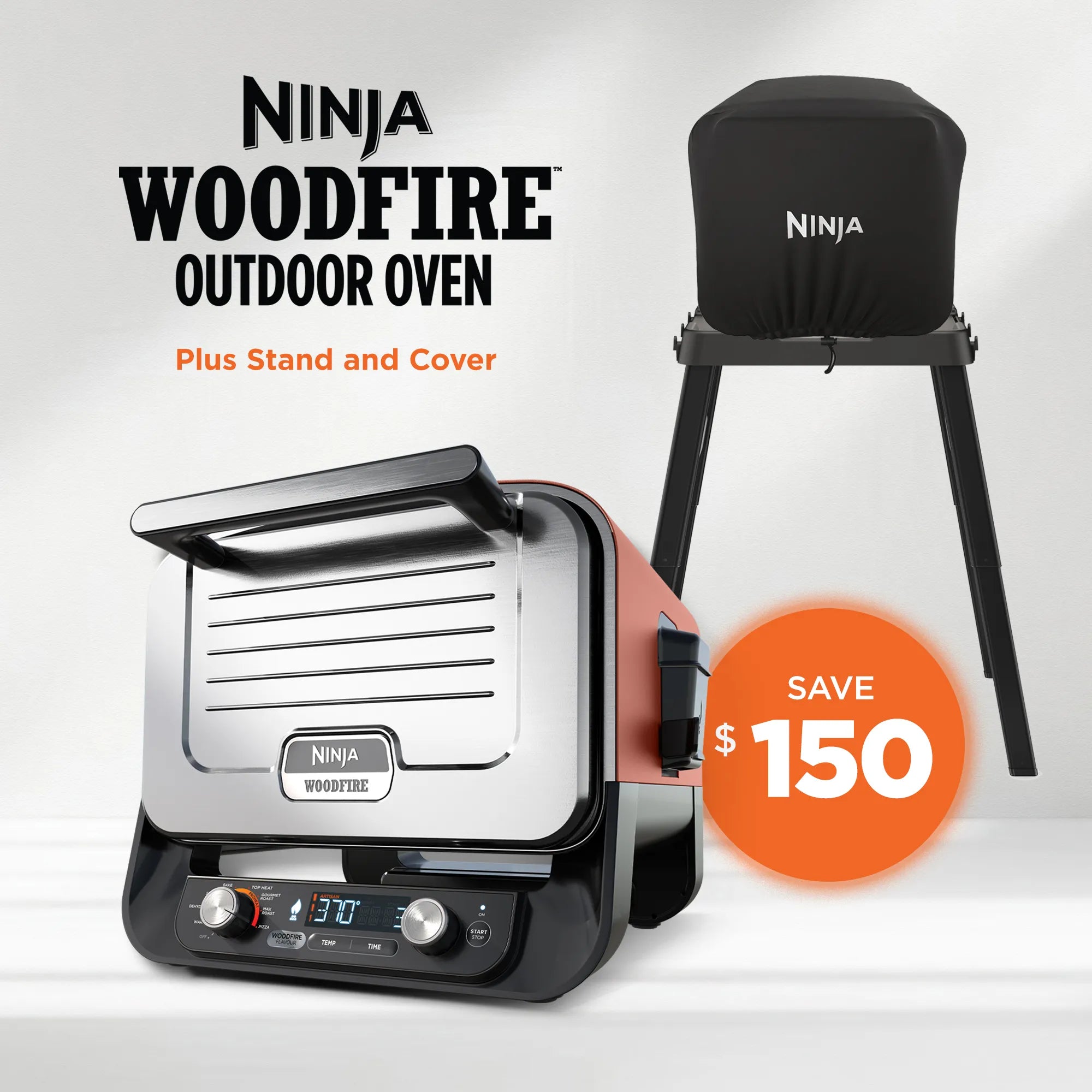 Ninja Woodfire Outdoor Grill Oven with Cover & Stand - Portable BBQ Smoker for Backyard, Camping, and Tailgating