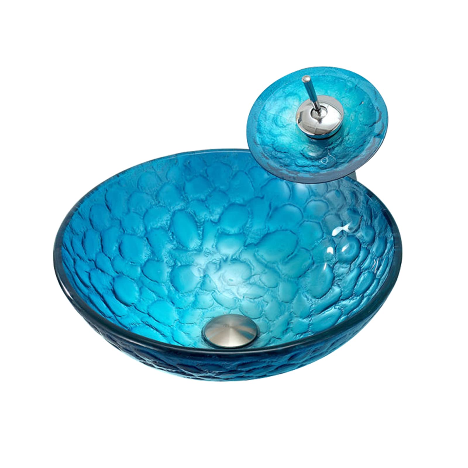 Blue Tempered Glass Vessel Sink with Waterfall Faucet & Pop-Up Drain - Round Bathroom Countertop Wash Basin for Modern Vanity Installation | Perfect for Spa, Guest Bath & Luxury Home Decor