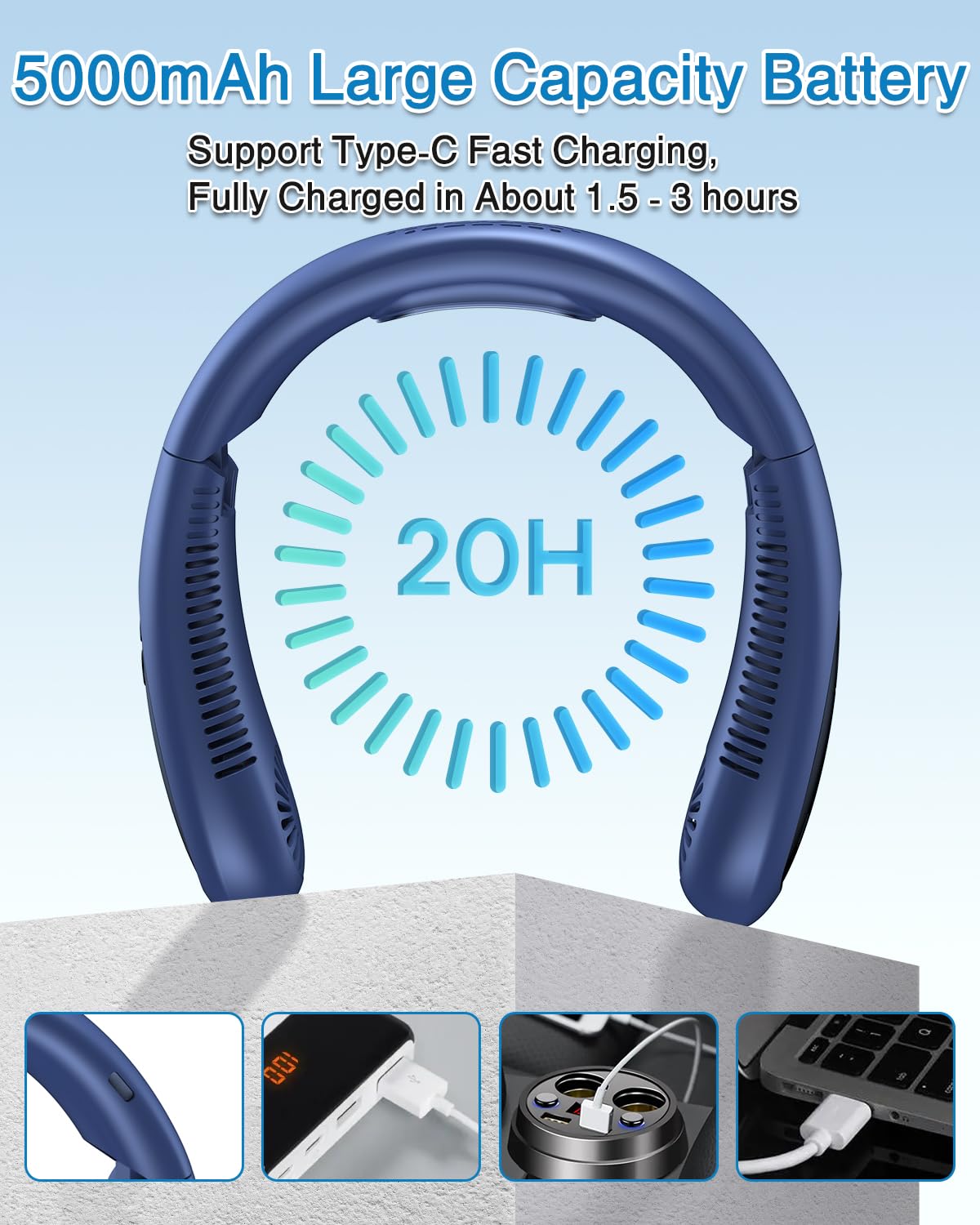 Portable Neck Air Conditioner Fan - 5000mAh Rechargeable Bladeless USB Personal Cooler with Semiconductor Cooling, 3 Speed Settings & LED Display - Perfect for Outdoor Travel, Office, Gym & Indoor Use