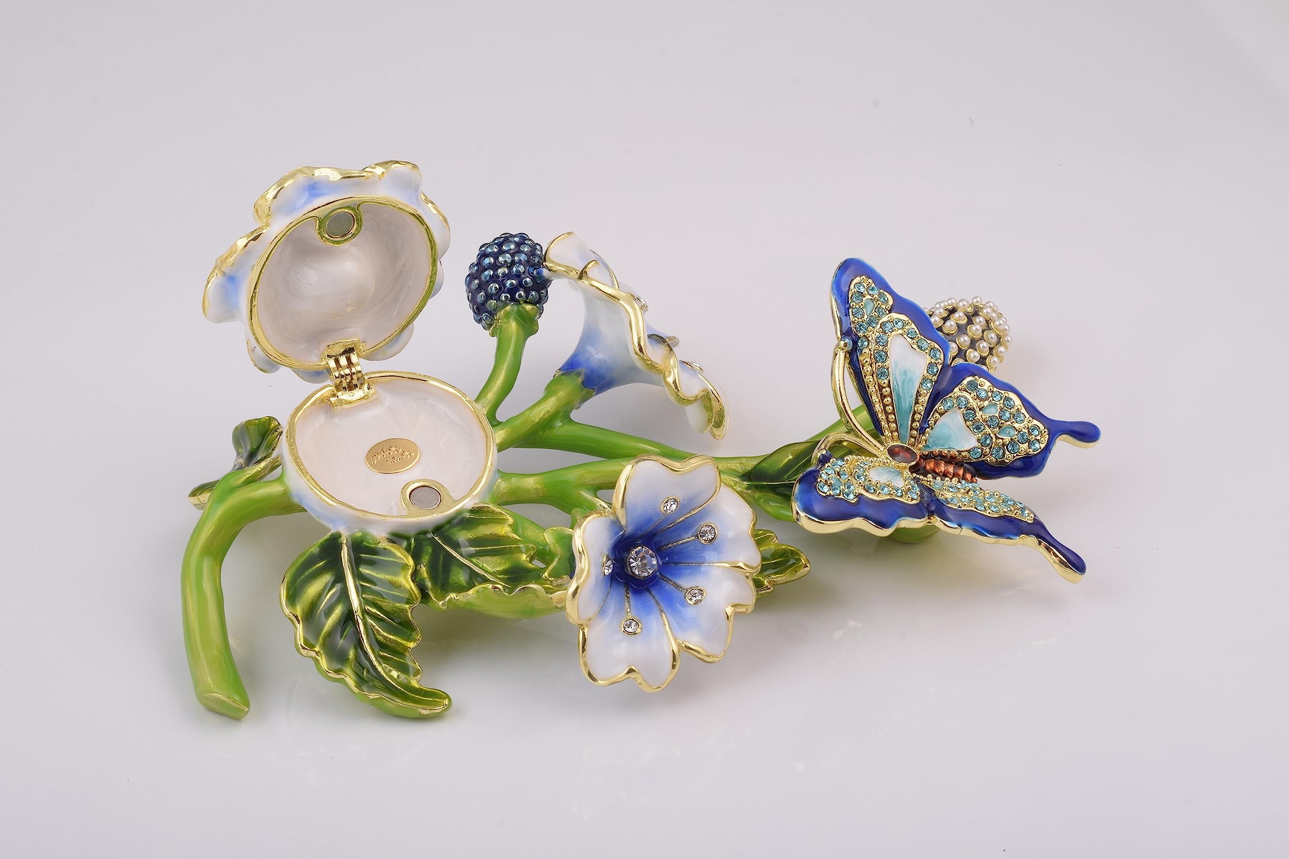 Exquisite Blue Butterfly on Branch with Flowers Faberge-Style Trinket Box - Elegant Home Decor Jewelry Storage for Bedroom, Bathroom & Gift Giving