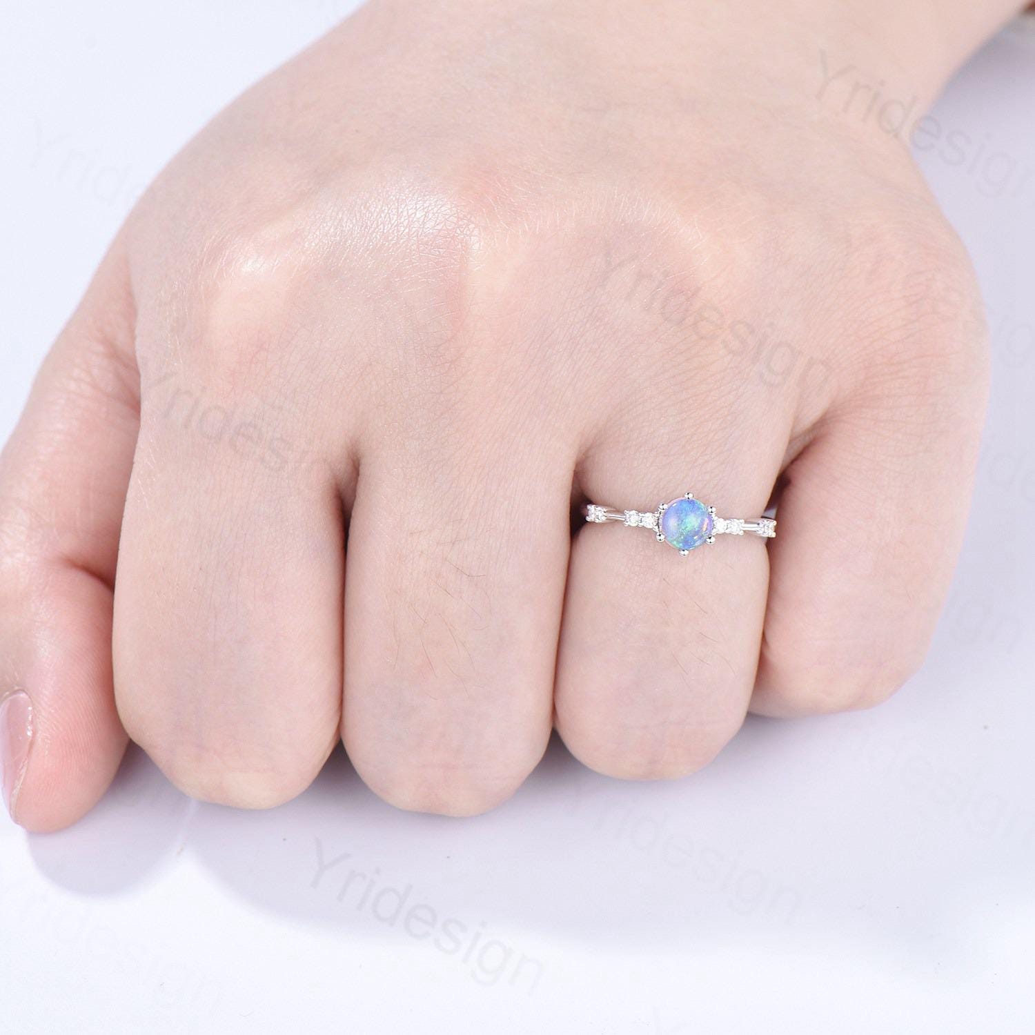 Natural Fire Opal & Diamond Engagement Ring in White Gold - Dainty Minimalist Bridal Ring for Women, Anniversary Gift, Wedding Proposal, Everyday Elegant Jewelry