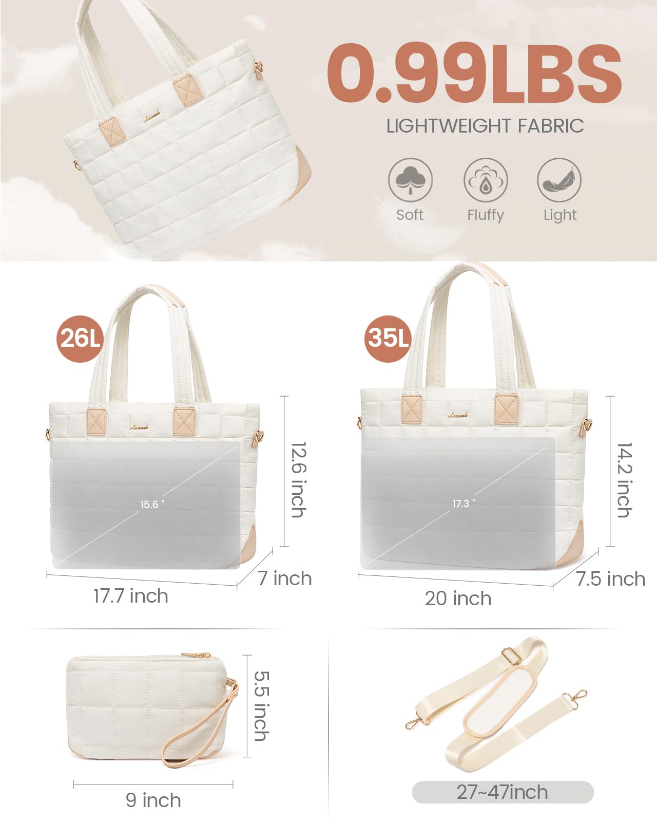 LOVEVOOK Large Puffer Tote Bag for Women - Quilted Zipper Work Bag, Lightweight & Spacious, Perfect for Office, Travel, Shopping & Daily Commute