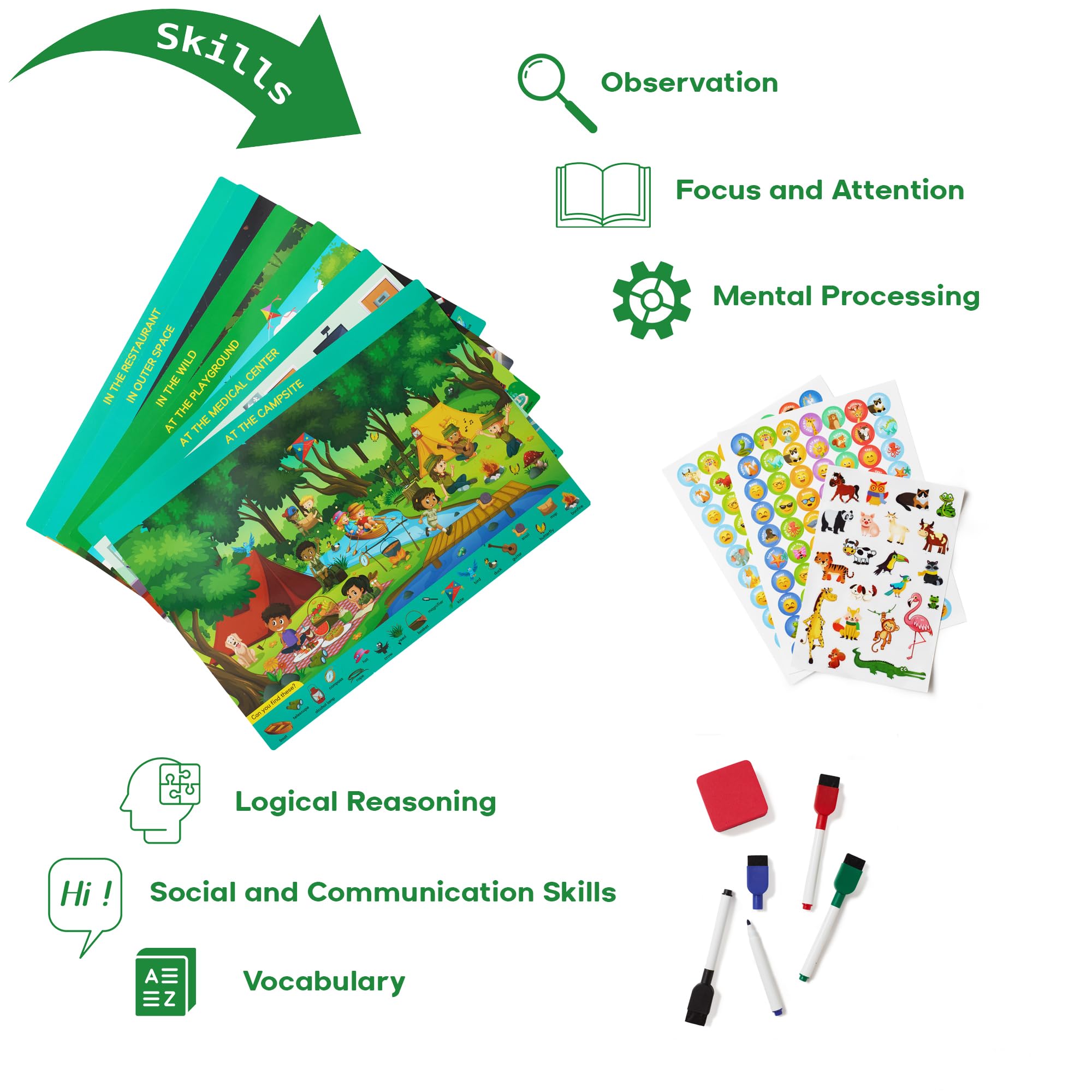 Little Learner Search and Find Educational Game Set with Reusable Mats, Dry Erase Markers & Eraser - Montessori Learning Toy for Kids Ages 3-6 | Perfect Travel Activity & Birthday Gift for Toddlers | Ideal for Home, Classroom & Road Trips