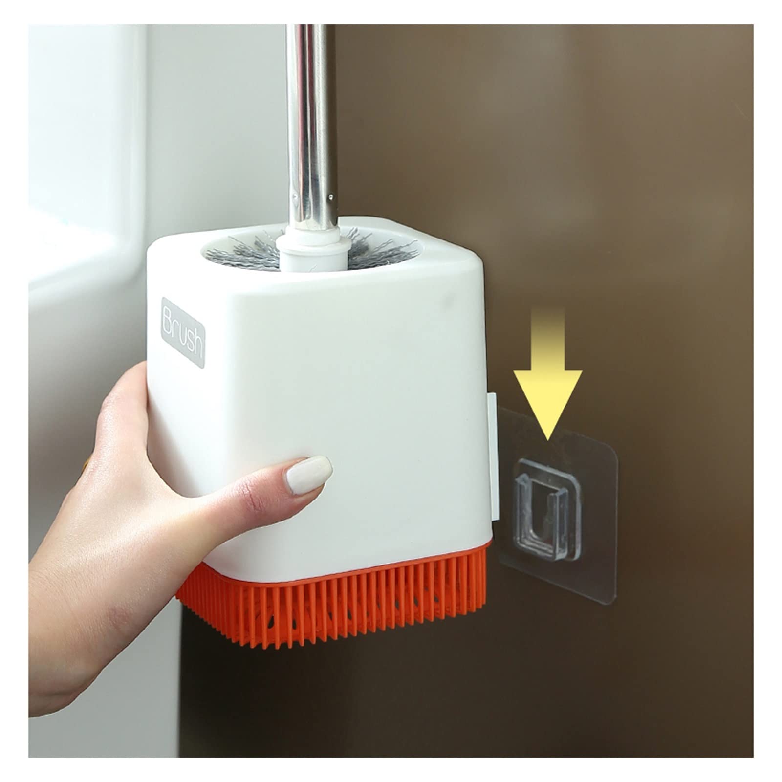TOMYEUS Wall Mounted Toilet Brush Set - No Dead Angle Cleaning, Soft Plastic Bristles with Base, Deep Cleaning Bathroom Brush (Orange) - Perfect for Home, RV & Small Space Bathrooms