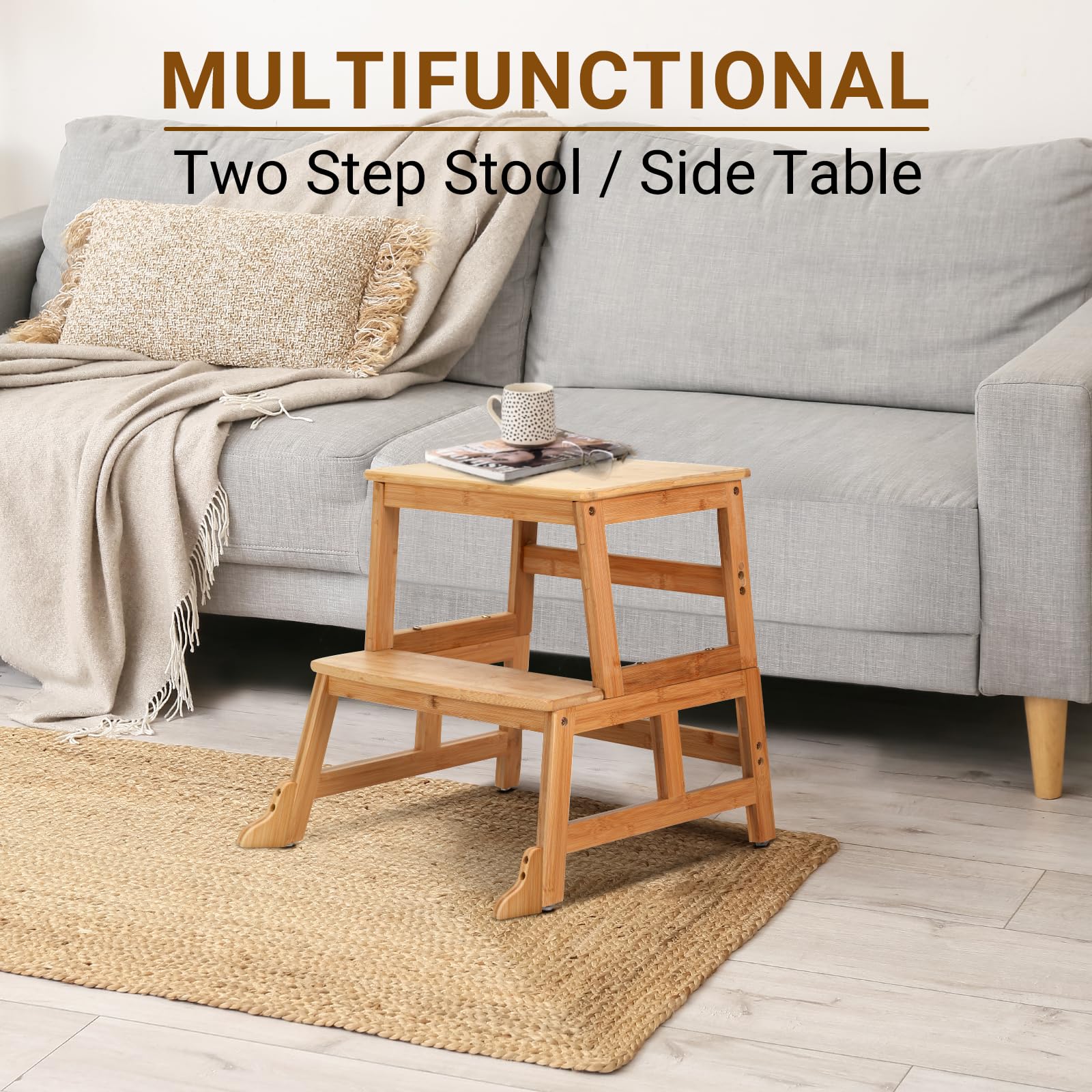 COSYLAND Natural Bamboo Toddler Step Stool - Anti-Slip Kids Kitchen Helper Tower for Learning & Cooking | Safe Standing Stool for Toddlers in Kitchen, Bathroom & Playroom
