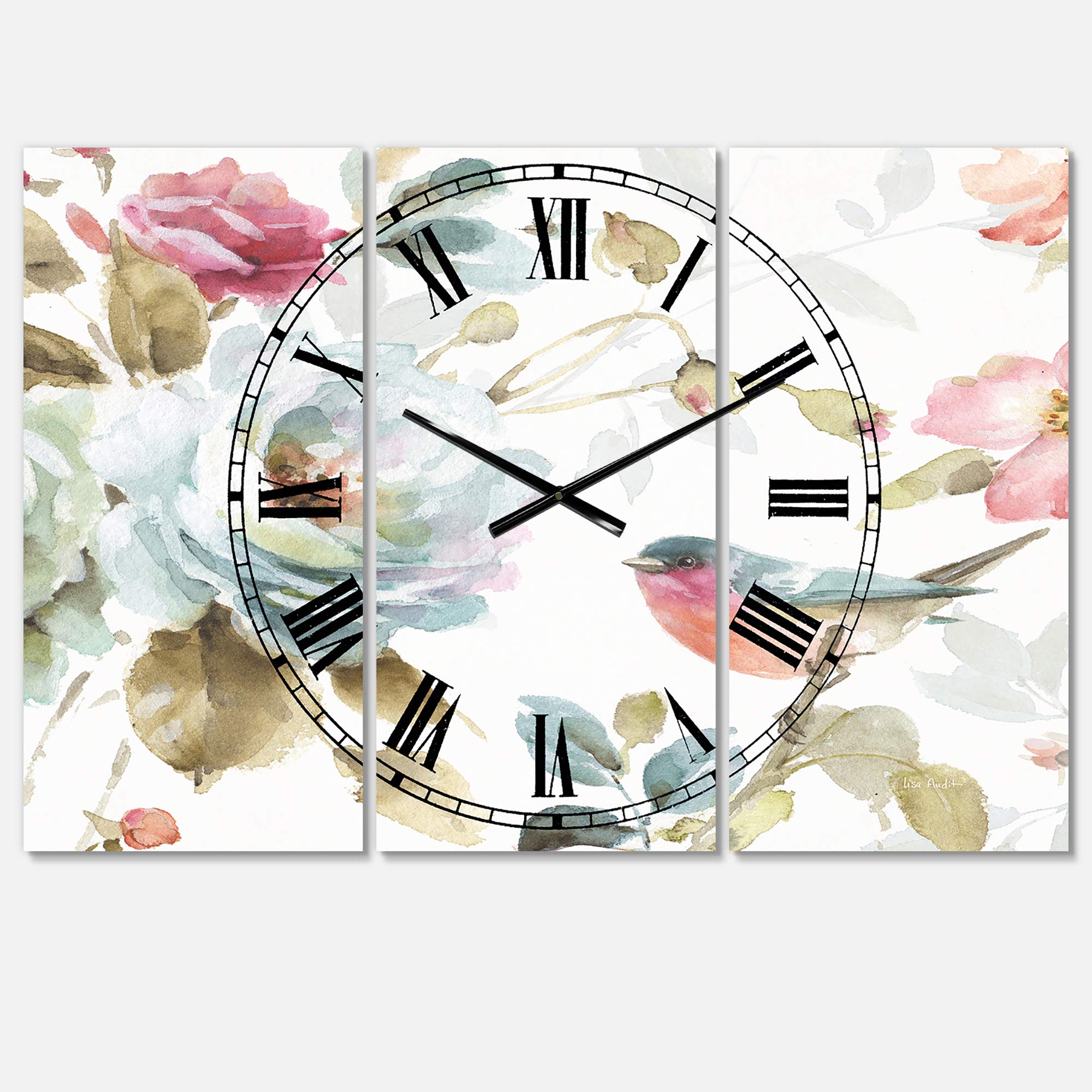 Designart Beautiful Bird Romance I Traditional 3 Panel Wall Clock - Metal Wall Art Decor for Living Room, Bedroom, Office | Home Decor with Nature Theme | Perfect Gift for Housewarming & Interior Design