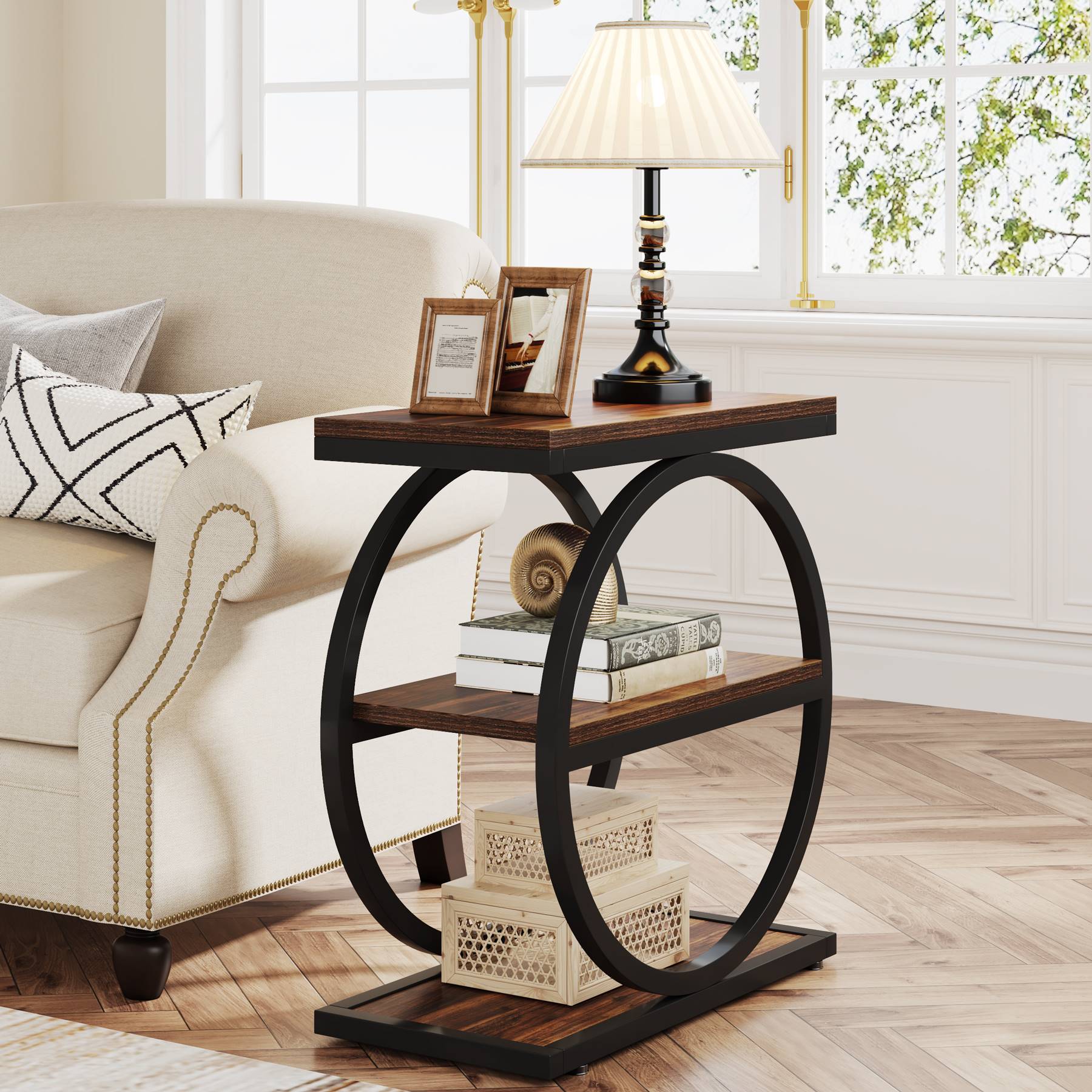3 Tier End Table with Round Metal Frame - Industrial Style Sofa Side Table for Living Room, Bedroom & Office - Sturdy & Space-Saving Home Decor