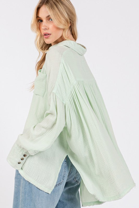 Stylish Boho Button Down Shirt with Frayed Hem & Side Slits | Perfect for Beach Vacations, Music Festivals & Summer Outfits