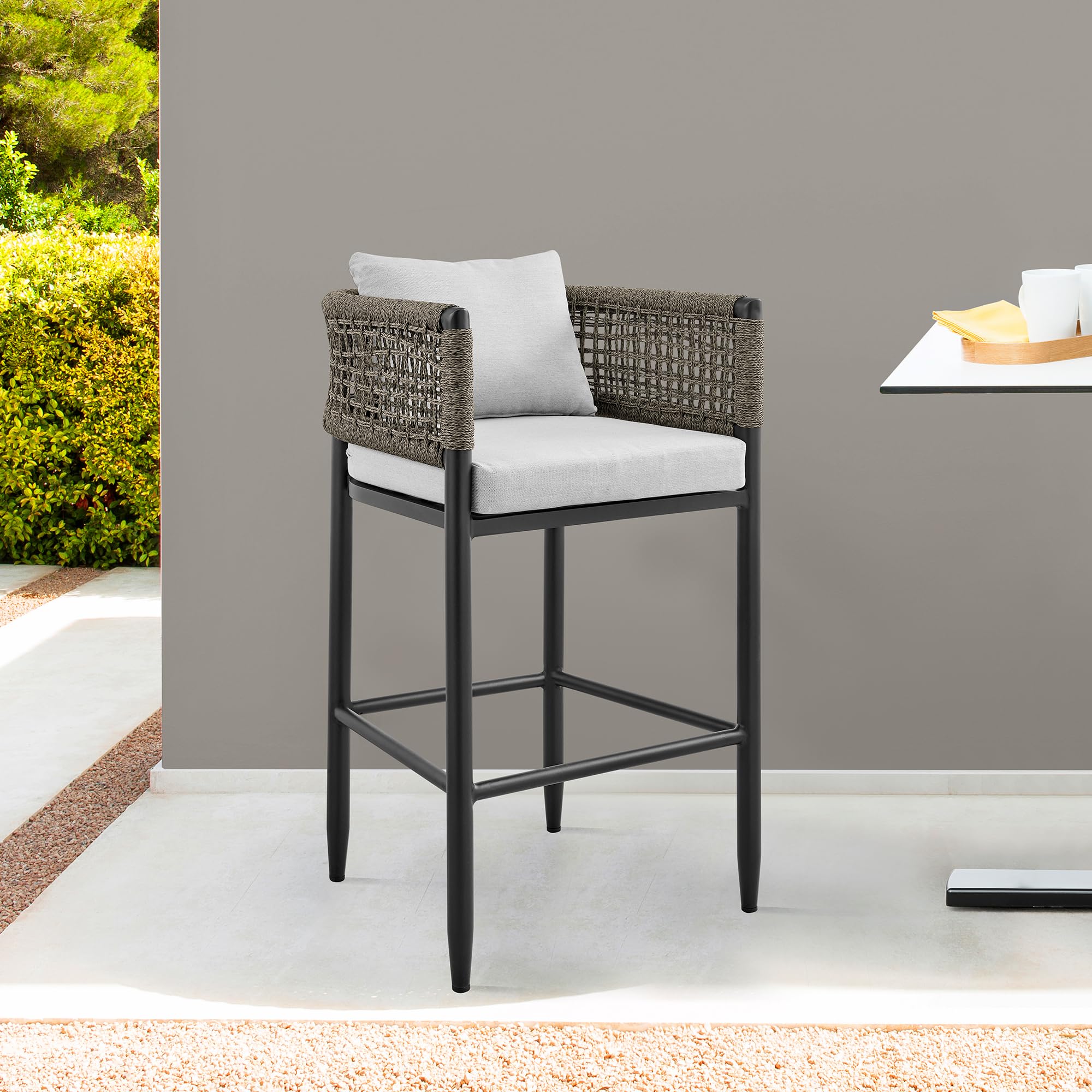Armen Living Alegria Outdoor Patio Counter Height Bar Stool - Aluminum Frame with Grey Rope & Cushions - Perfect for Backyard, Deck, and Poolside Dining