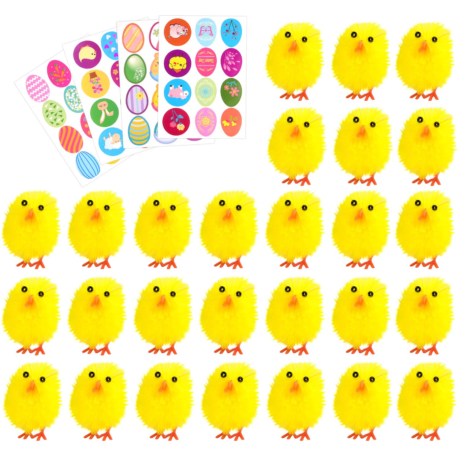 36Pcs Easter Chenille Chicks Decorations - Cute Yellow Easter Chicks with 4 Sheet Stickers for Kids, Easter Egg Hunt Party Favors, Bonnet & Basket Fillers - Perfect for Spring Decor, Classroom Activities & Easter DIY Crafts