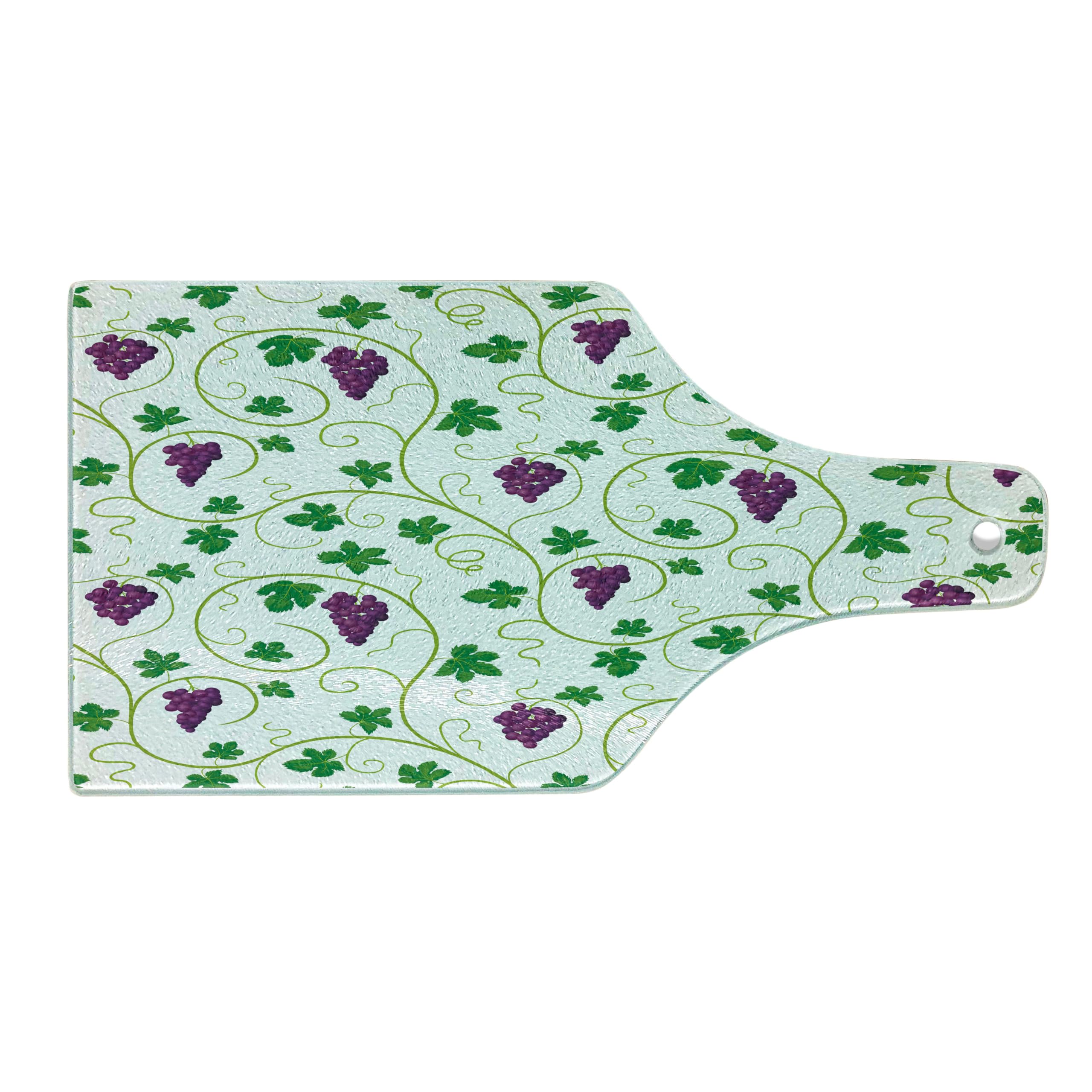 Lunarable Vine Tempered Glass Cutting Board - Green Leaves Swirls Grapes Design, Country Life Style Serving Board for Cheese, Charcuterie & Appetizers (Wine Bottle Shape, Purple Green White)