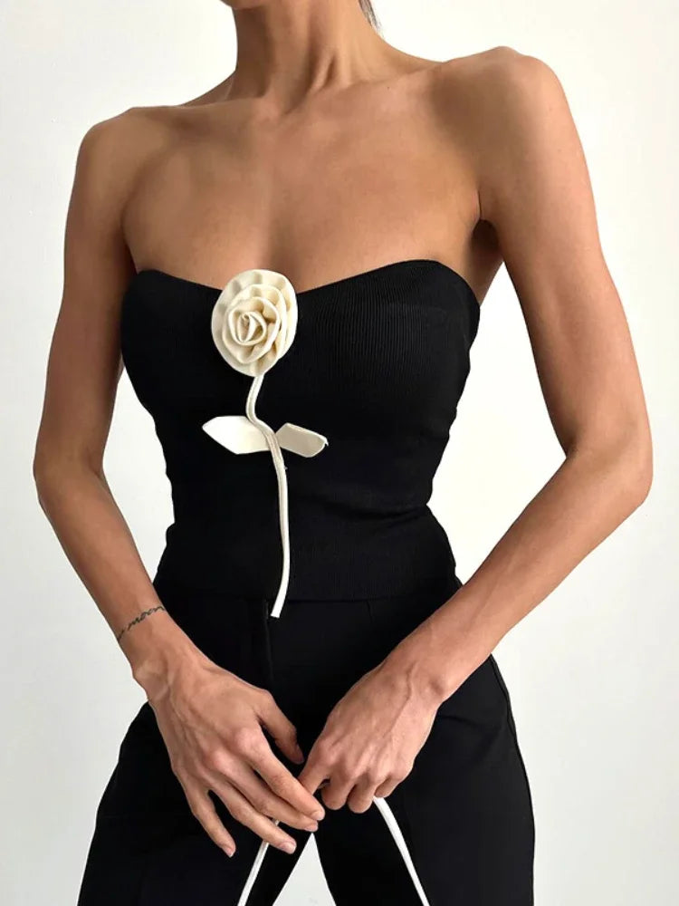 Y2K Black Ribbed Strapless Backless Crop Top with 3D Floral Applique - Summer Fashion for Women | Perfect for Music Festivals, Beach Outings & Night Parties