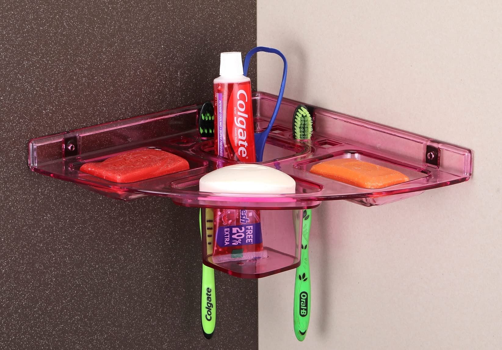 Pink Acrylic 5-in-1 Corner Soap Holder - 10x10 Inch Unbreakable Plastic Bathroom Organizer, Wall Mounted Shelf for Shampoo, Lotion & Beauty Products - Perfect for Bathroom, Kitchen & Shower Storage (1 Shelf, Pink)