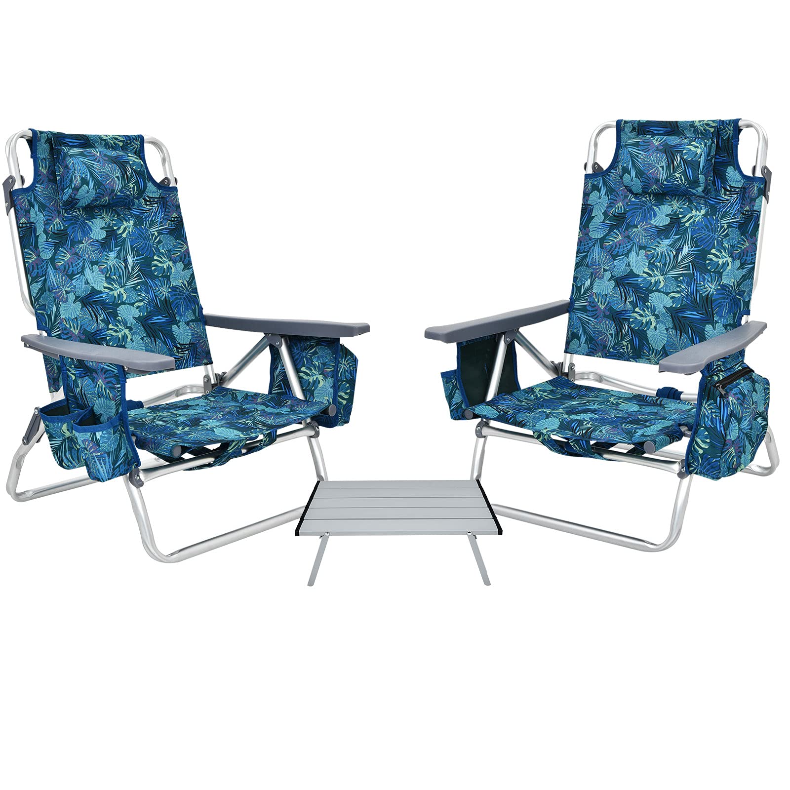 Gymax 2-Pack Portable Folding Beach Chairs with Cooler Bag, Cup Holder & Side Pockets - Lightweight Backpack Camping Chairs for Outdoor, Picnic, Travel, Pool Party & Beach Relaxation (Blue Leaves Pattern, Includes Table)