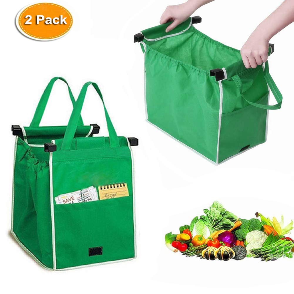 2 Pack Reusable Grocery Bags - Eco-Friendly Shopping Trolley Bags with Handles, Foldable Non-Woven Tote Bags for Supermarket, Farmers Market & Grocery Shopping - Clip on Shopping Cart for Convenient Grab & Go