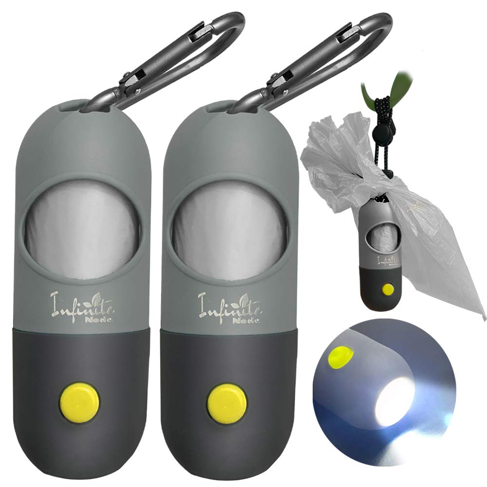 LED Dog Poop Bag Dispenser with Leash Clip - 2 Pack Refillable Pet Waste Bag Holder, Durable Metal Hook & Built-in Flashlight for Night Walks - Essential Dog Walking Accessories (Black) - Perfect for Evening Park Visits & Neighborhood Strolls