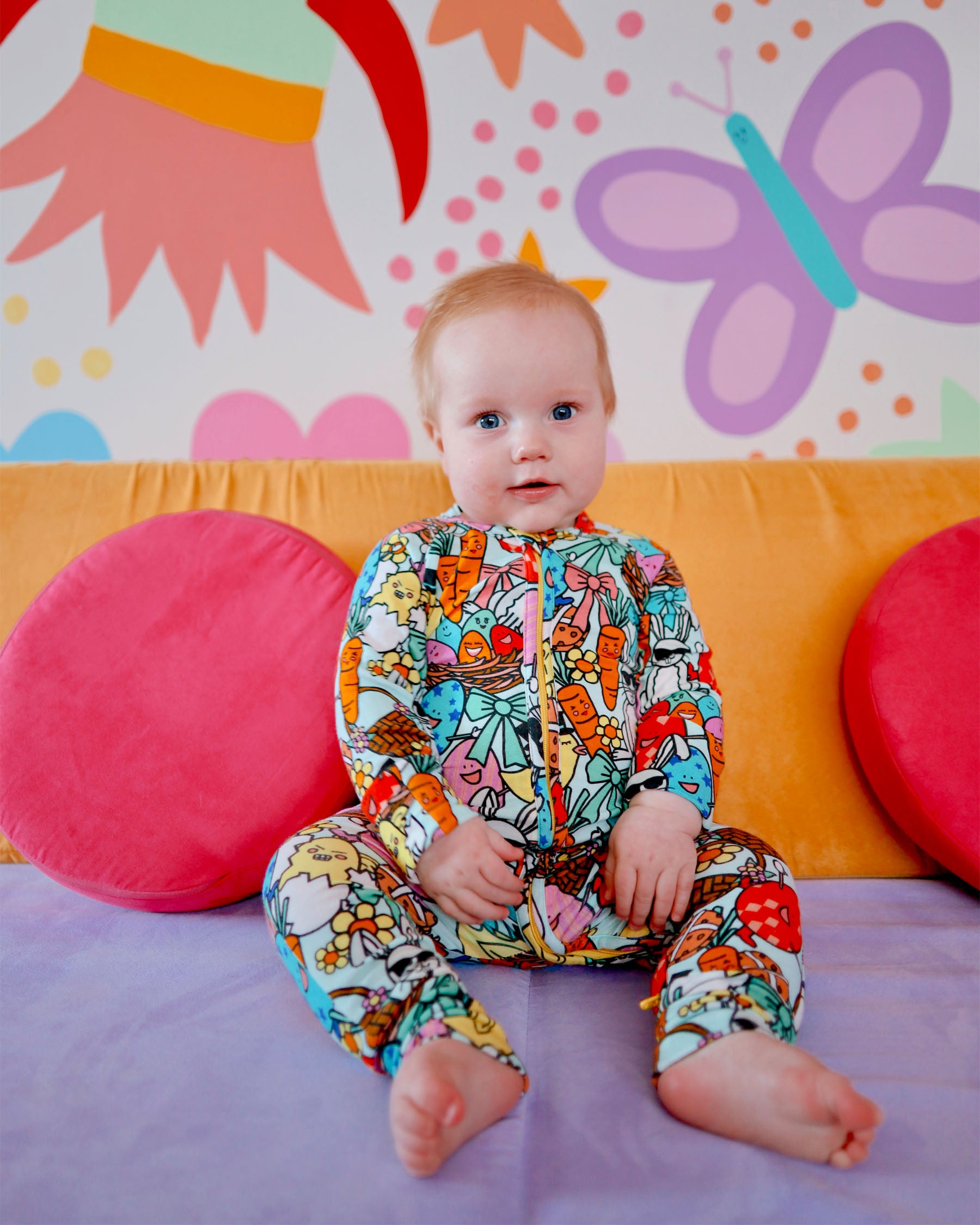 Organic Easter Parade Long Sleeve Zip Romper for Baby - Soft Cotton Jumpsuit for Spring Outfits, Holiday Photos & Family Gatherings