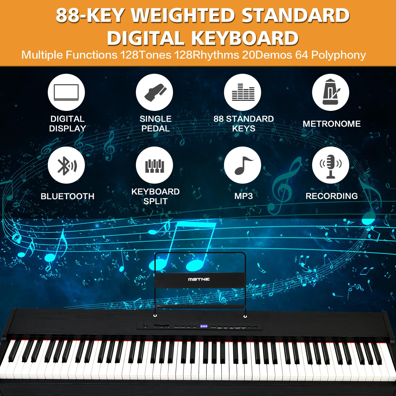 88-Key Weighted Digital Piano with Hammer Action - Full Size Portable Electric Keyboard with Sustain Pedal, Headphones & MDF Stand - Perfect for Home Practice, Studio Recording & Live Performances (Black)