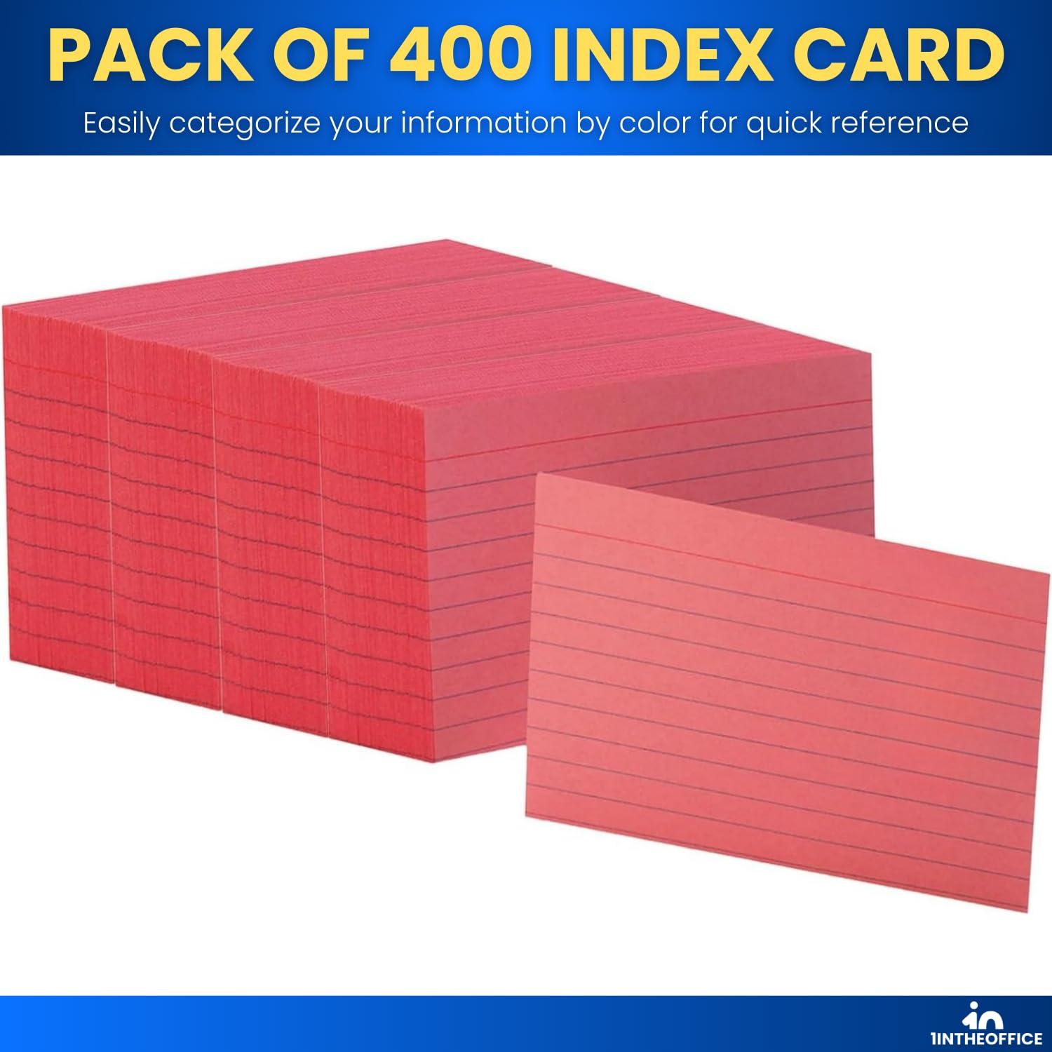 1InTheOffice 3x5 Index Cards - 400 Pack, Colored & Lined Note Cards in Red - Perfect for Study Notes, Office Organization, and Flash Cards
