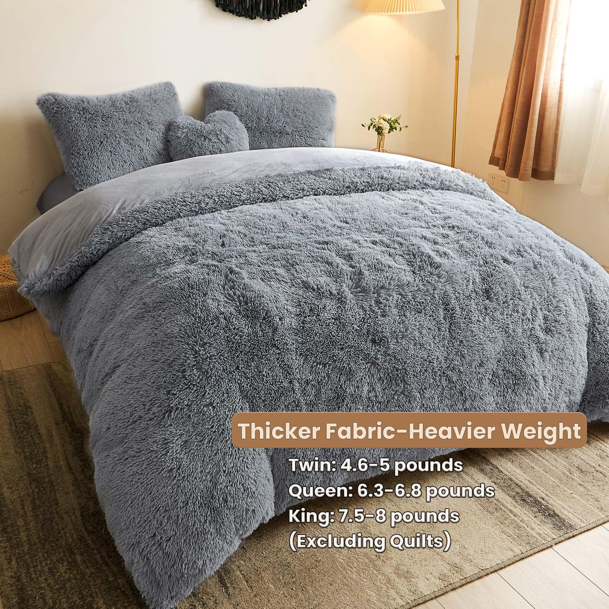 Luxury Shaggy Faux Fur Duvet Cover Set - Ultra Soft 2 Piece Fluffy Comforter Cover with Zipper Closure, Fuzzy Bedding Set (1 Plush Furry Duvet Cover + 1 Pillowcase) for Twin Size Bed in Light Grey - Perfect for Cozy Winter Nights and Stylish Bedroom Decor