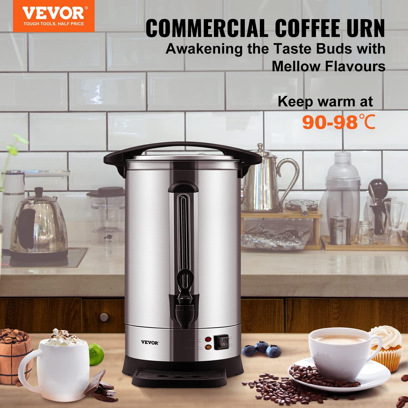 VEVOR 65-Cup (9.75L) Commercial Coffee Urn with Level Window - 1500W Large Capacity Coffee Maker for Events, Catering & Offices - Perfect for Weddings, Parties & Restaurants