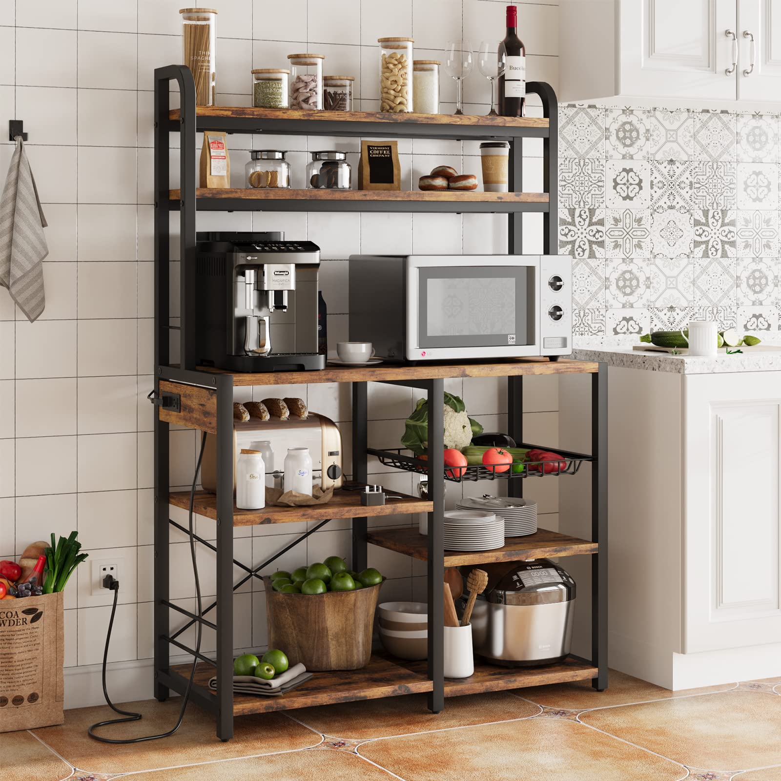 6-Tier Bakers Rack with Power Outlet & Wire Drawer - Kitchen Buffet Table with Hutch, Microwave Stand & Large Storage - Perfect for Coffee Bar, Dining & Living Room Organization