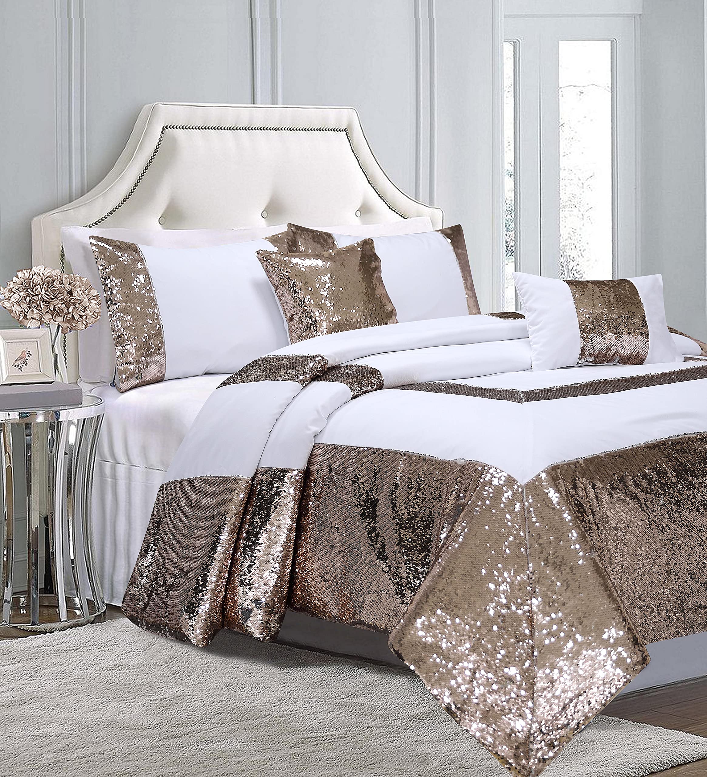 Bedream Flip Sequins Comforter Set - 5 Piece King Size Glitter Bedding with Down Alternative Filling | Royal Style All-Season Microfiber Comforter in White/Gold (C13) - Perfect for Luxury Bedrooms, Guest Rooms & Glamorous Home Decor