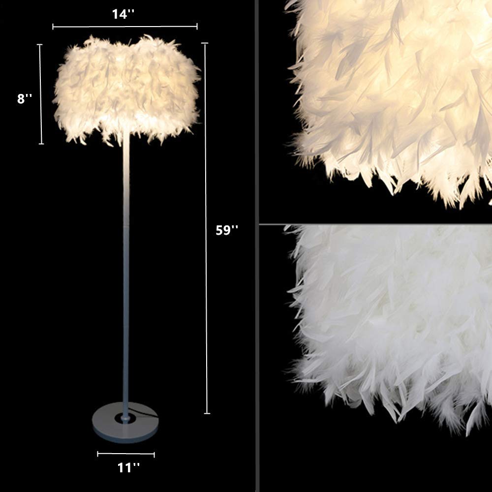 LAKIQ Modern Standing Floor Lamp with Feather Drum Shade - Plug-in Adjustable Floor Lighting for Living Room, Bedroom & Reading - Elegant White Home Decor (Perfect for Cozy Nights, Study Sessions & Interior Design)